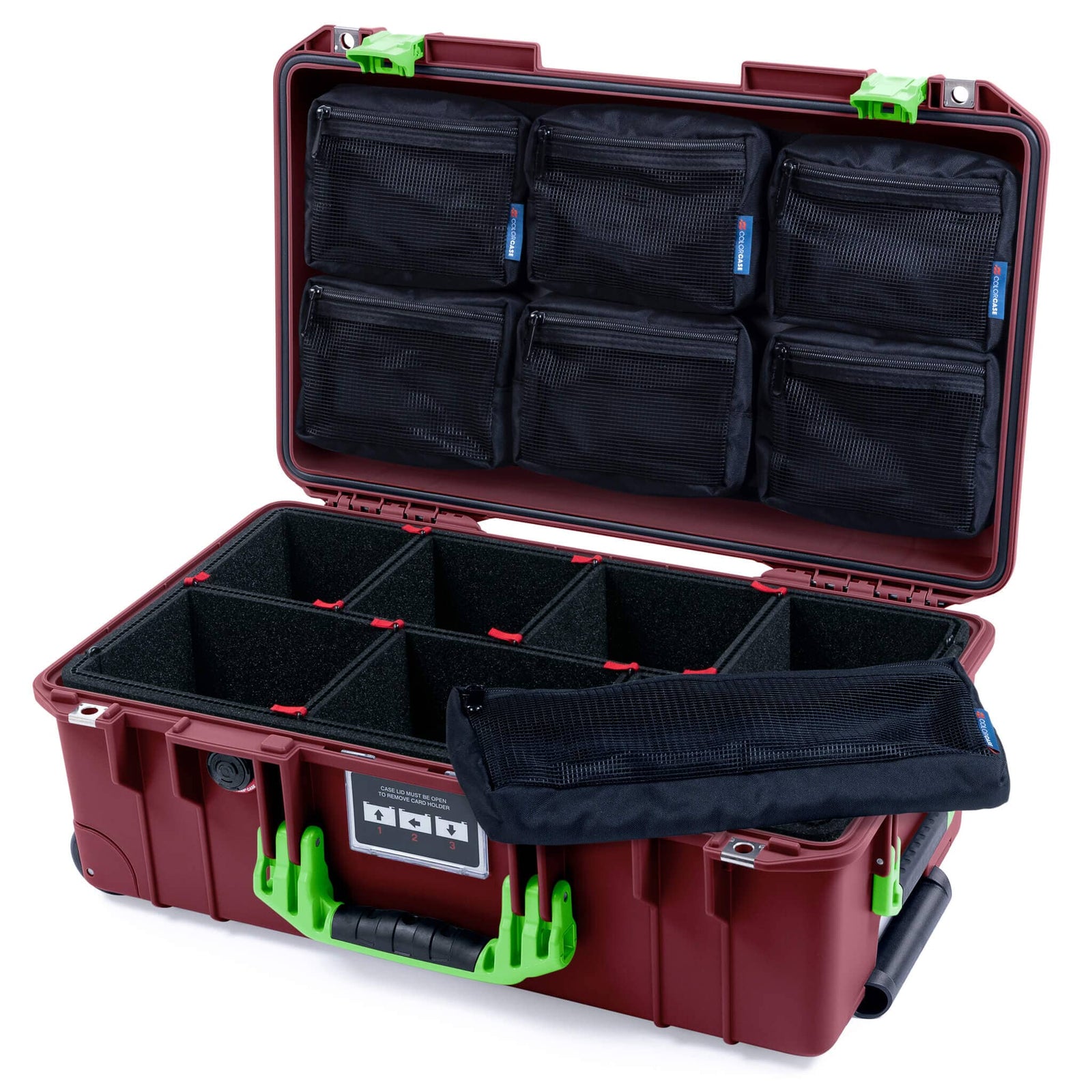 Pelican 1535 Air Case, Oxblood with Lime Green Handles & Latches TrekPak Divider System with 7-Piece Removable Mesh Pouches ColorCase 015350-0720-510-301