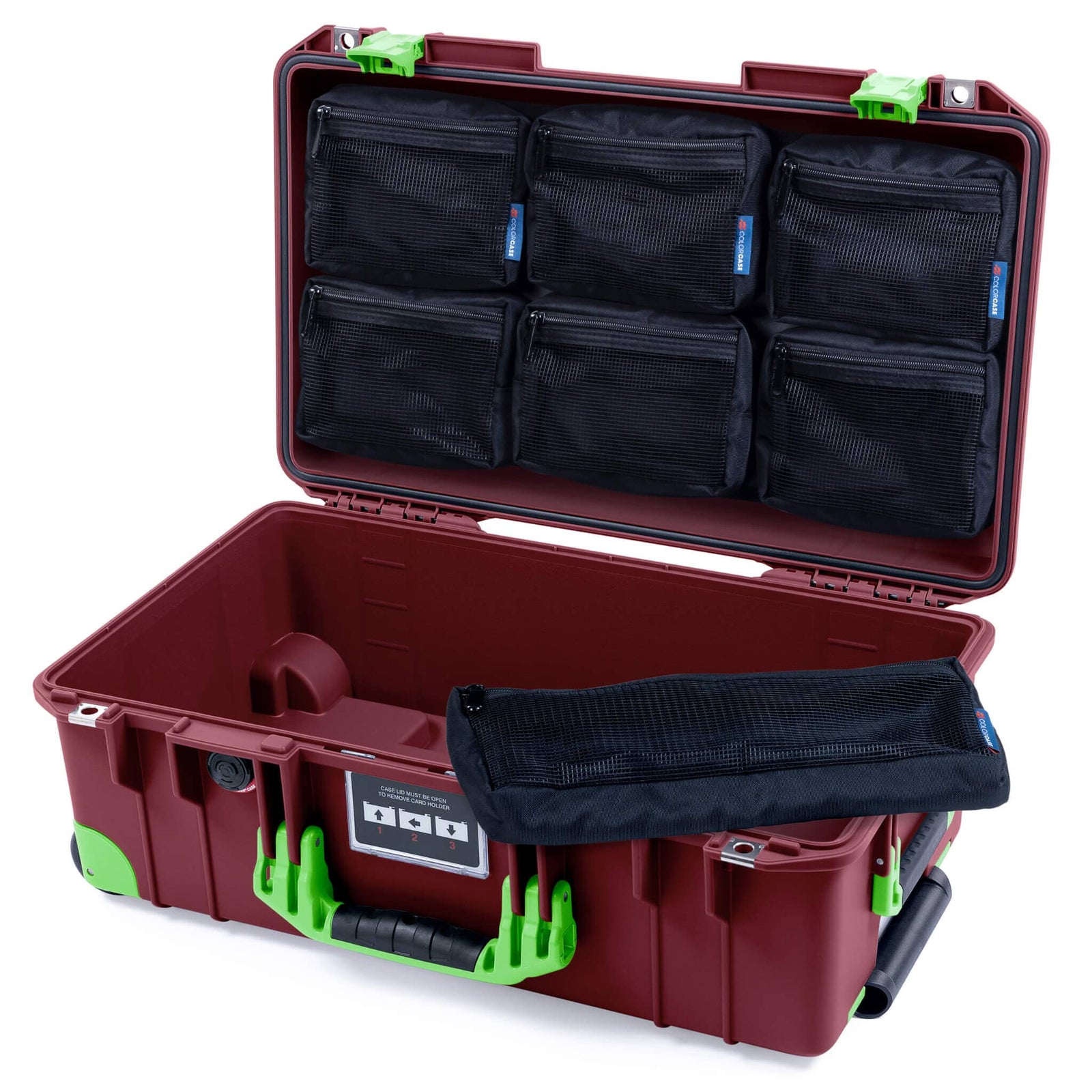 Pelican 1535 Air Case, Oxblood with Lime Green Handles, Latches & Trolley 7-Piece Removable Mesh Pouches Only ColorCase 015350-0700-510-301-300