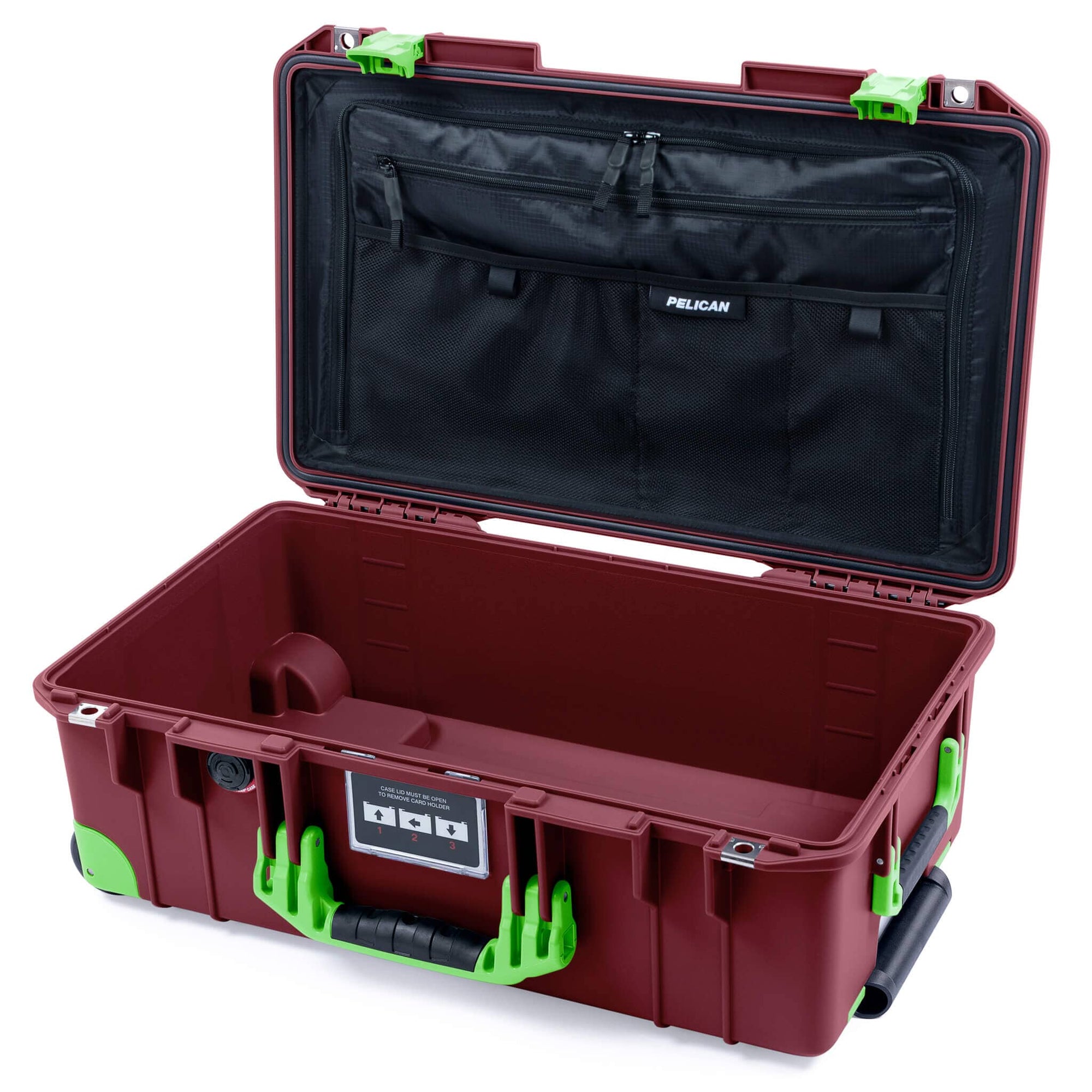 Pelican 1535 Air Case, Oxblood with Lime Green Handles, Latches & Trolley TRVL Combo-Pouch Lid Organizer Only ColorCase 015350-0300-510-301-300