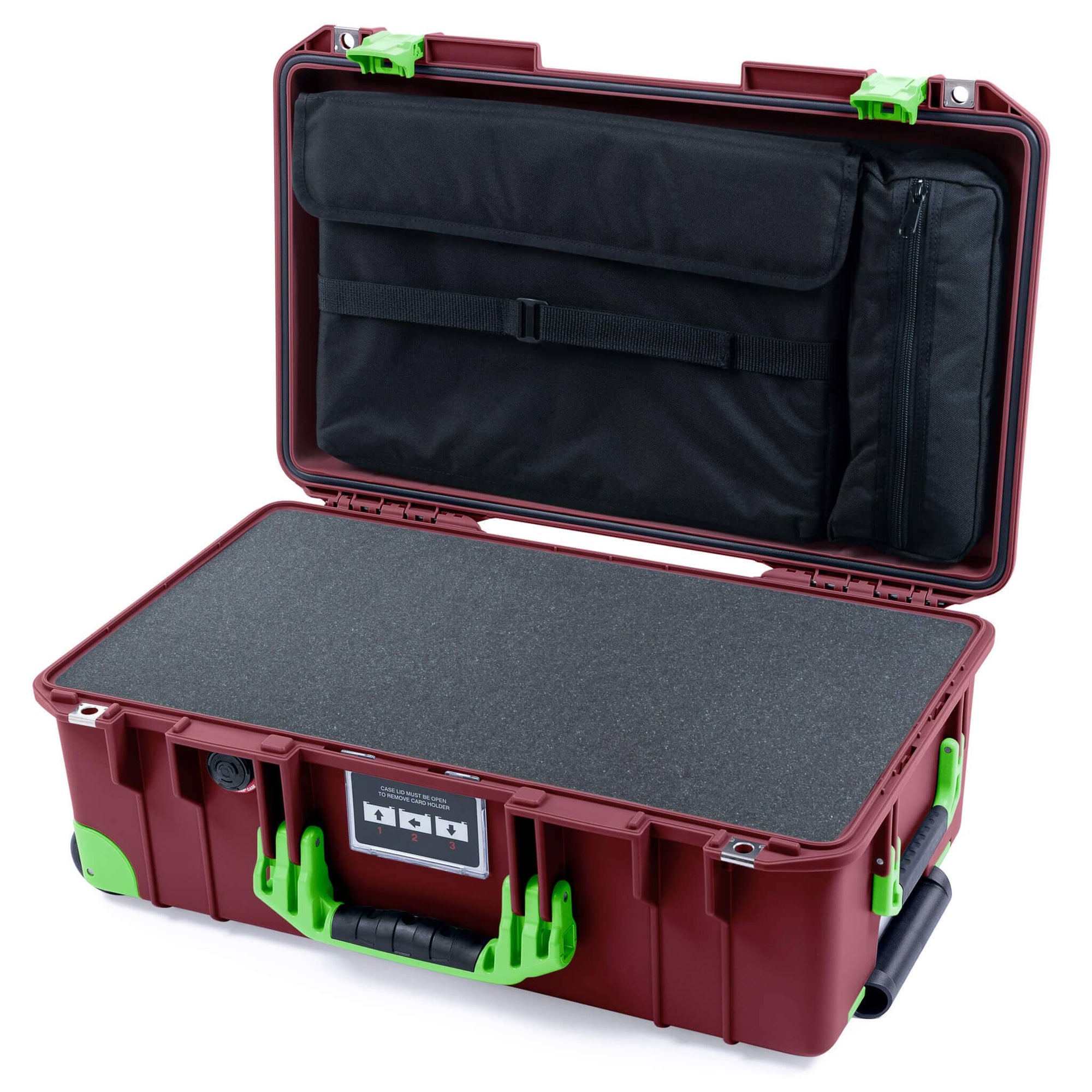 Pelican 1535 Air Case, Oxblood with Lime Green Handles, Latches & Trolley Pick & Pluck Foam with Laptop Computer Lid Pouch ColorCase 015350-0201-510-301-300