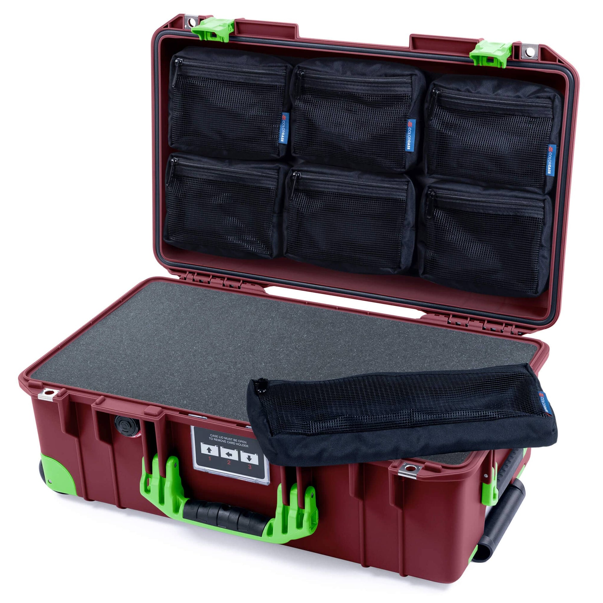 Pelican 1535 Air Case, Oxblood with Lime Green Handles, Latches & Trolley Pick & Pluck Foam with 7-Piece Removable Mesh Pouches ColorCase 015350-0701-510-301-300