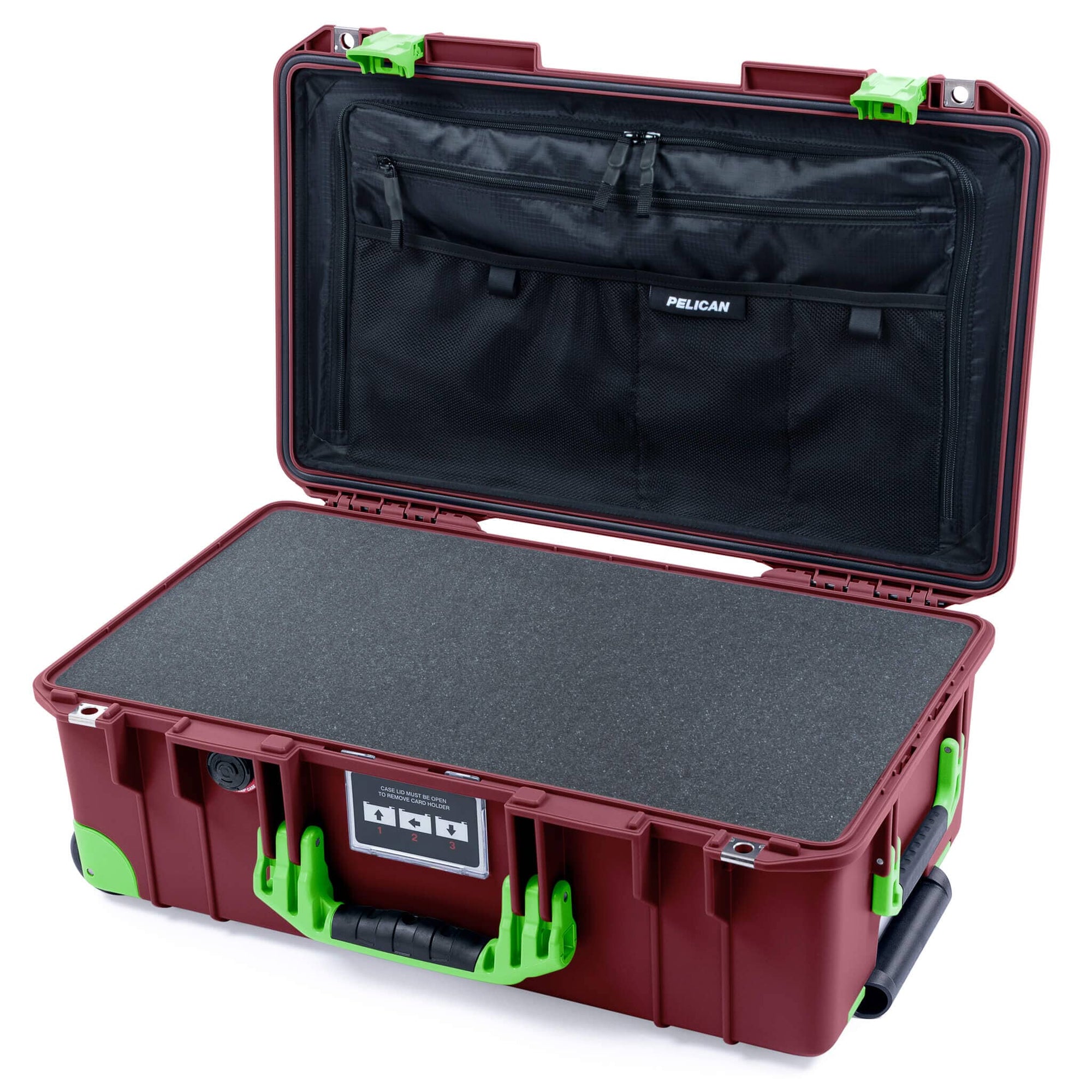 Pelican 1535 Air Case, Oxblood with Lime Green Handles, Latches & Trolley Pick & Pluck Foam with TRVL Combo-Pouch Lid Organizer ColorCase 015350-0301-510-301-300