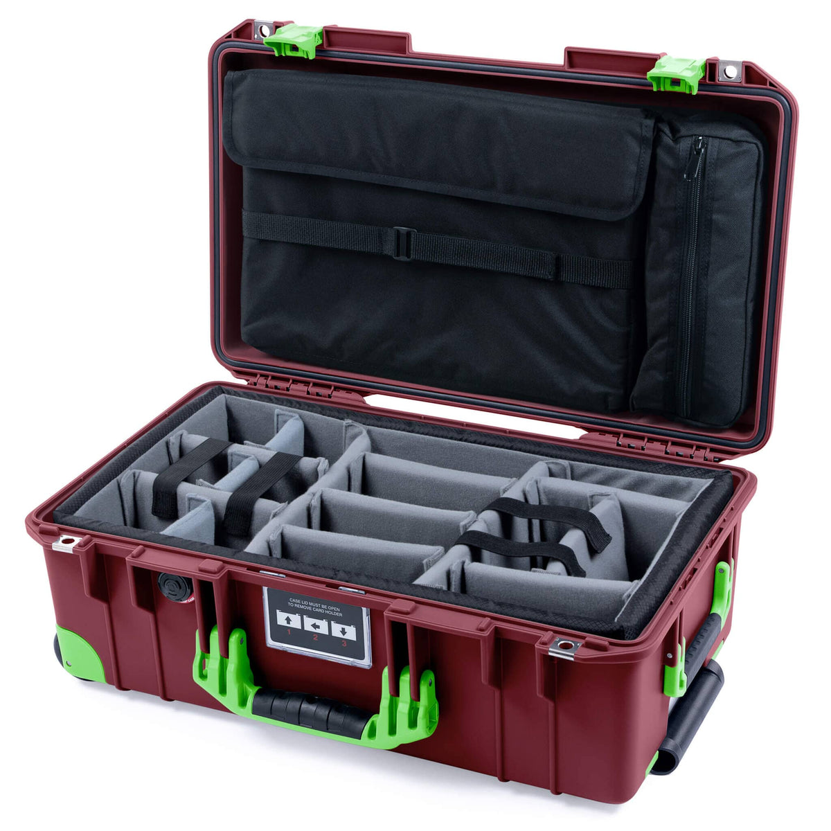 Pelican 1535 Air Case, Oxblood with Lime Green Handles, Latches &amp; Trolley Gray Padded Microfiber Dividers with Laptop Computer Lid Pouch ColorCase 015350-0270-510-301-300