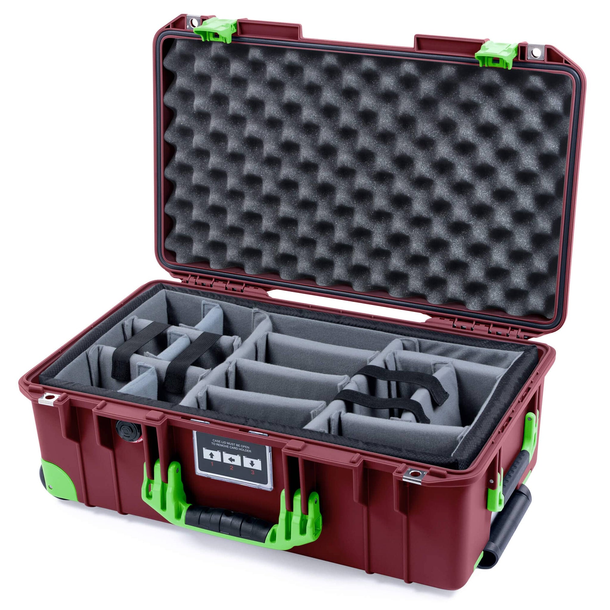 Pelican 1535 Air Case, Oxblood with Lime Green Handles, Latches & Trolley Gray Padded Microfiber Dividers with Convoluted Lid Foam ColorCase 015350-0070-510-301-300