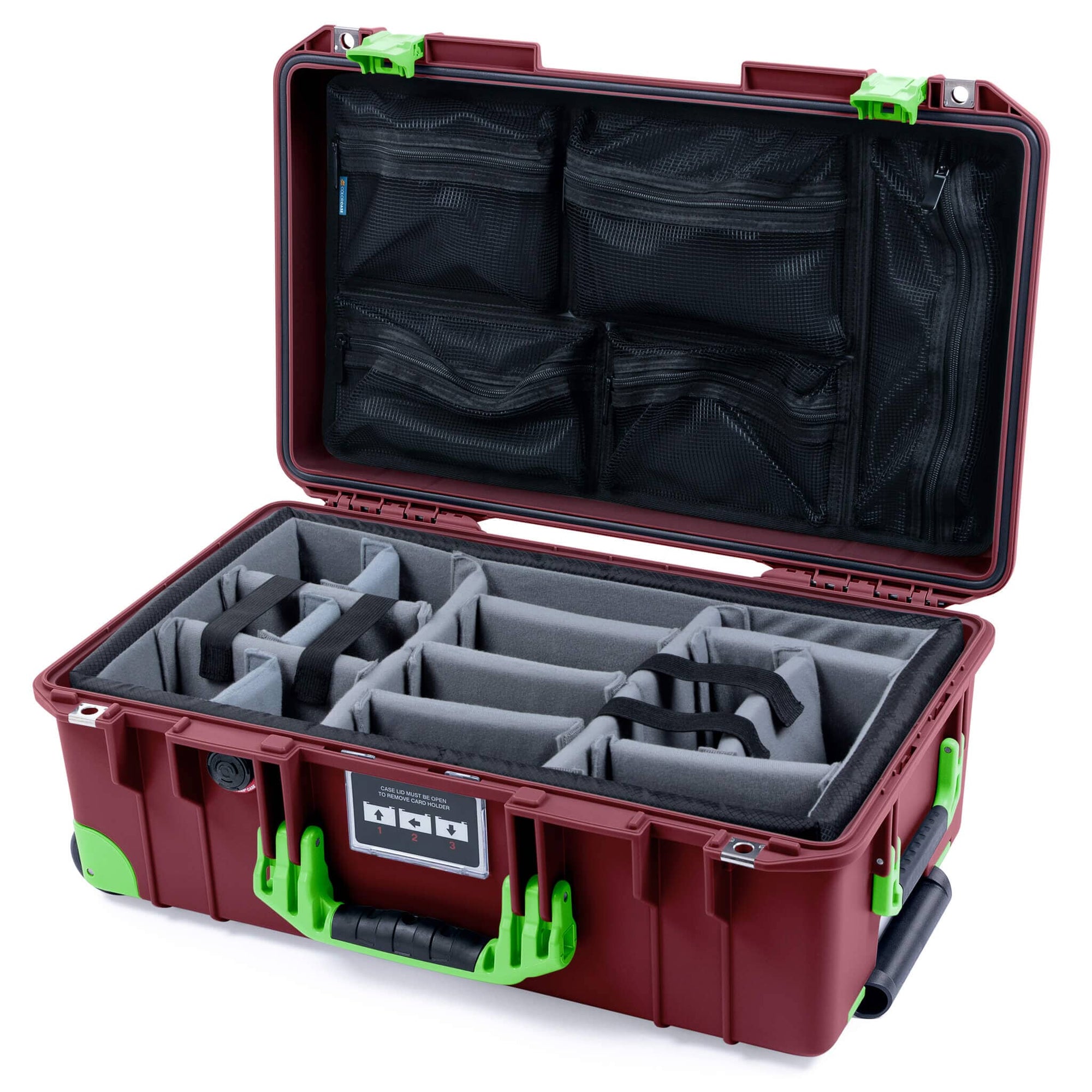 Pelican 1535 Air Case, Oxblood with Lime Green Handles, Latches & Trolley Gray Padded Microfiber Dividers with Mesh Lid Organizer ColorCase 015350-0170-510-301-300