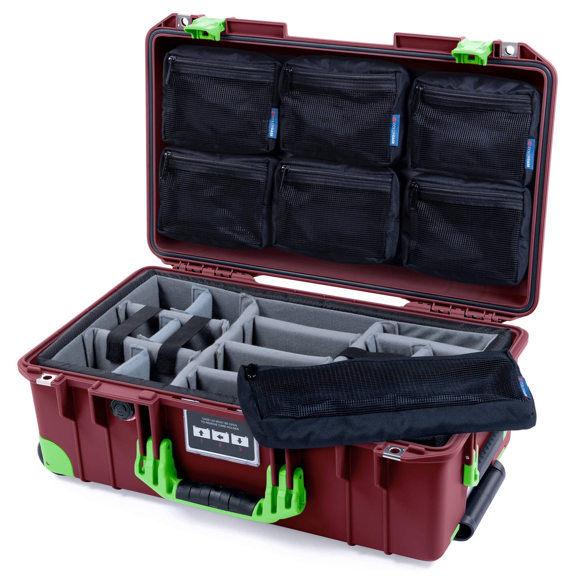 Pelican 1535 Air Case, Oxblood with Lime Green Handles, Latches & Trolley Gray Padded Microfiber Dividers with 7-Piece Removable Mesh Pouches ColorCase 015350-0770-510-301-300