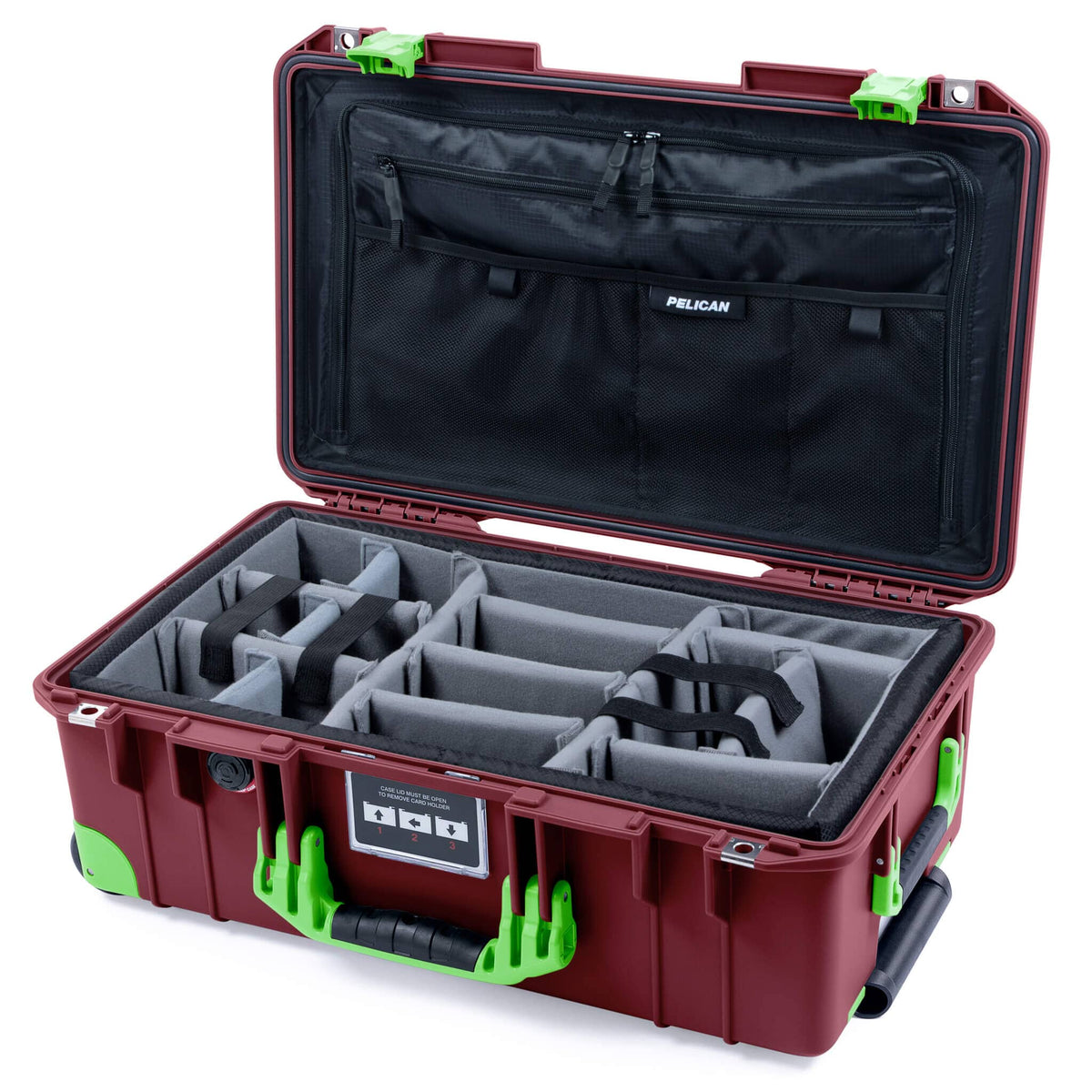 Pelican 1535 Air Case, Oxblood with Lime Green Handles, Latches &amp; Trolley Gray Padded Microfiber Dividers with TRVL Combo-Pouch Lid Organizer ColorCase 015350-0370-510-301-300