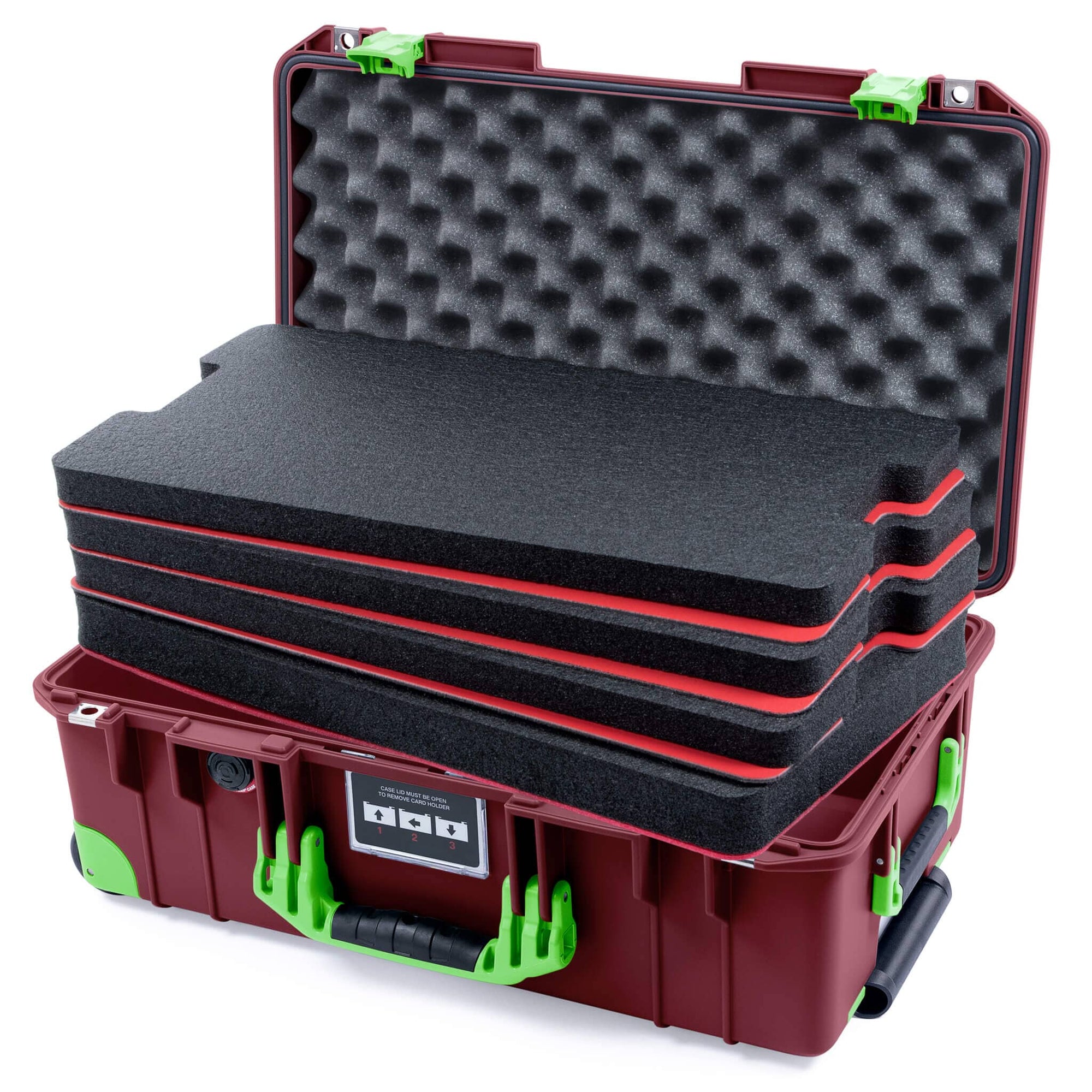 Pelican 1535 Air Case, Oxblood with Lime Green Handles, Latches & Trolley Custom Tool Kit (4 Foam Inserts with Convoluted Lid Foam) ColorCase 015350-0060-510-301-300