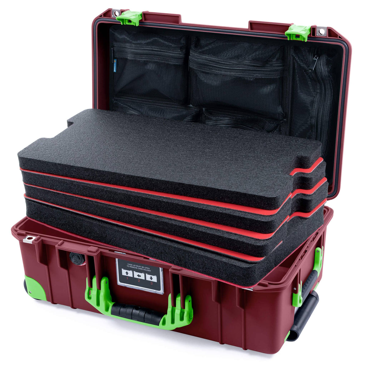 Pelican 1535 Air Case, Oxblood with Lime Green Handles, Latches &amp; Trolley Custom Tool Kit (4 Foam Inserts with Mesh Lid Organizers) ColorCase 015350-0160-510-301-300