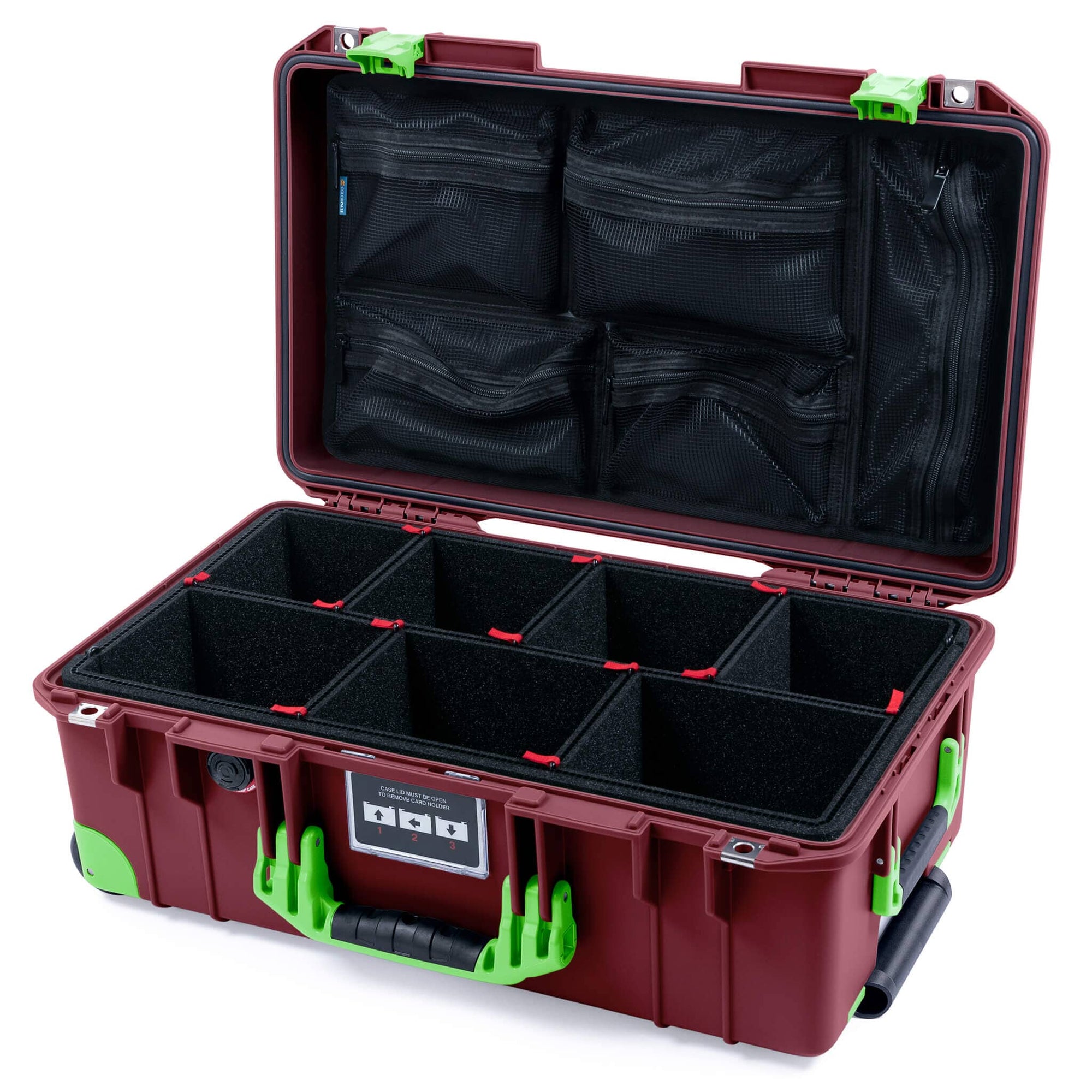 Pelican 1535 Air Case, Oxblood with Lime Green Handles, Latches & Trolley TrekPak Divider System with Mesh Lid Organizer ColorCase 015350-0120-510-301-300