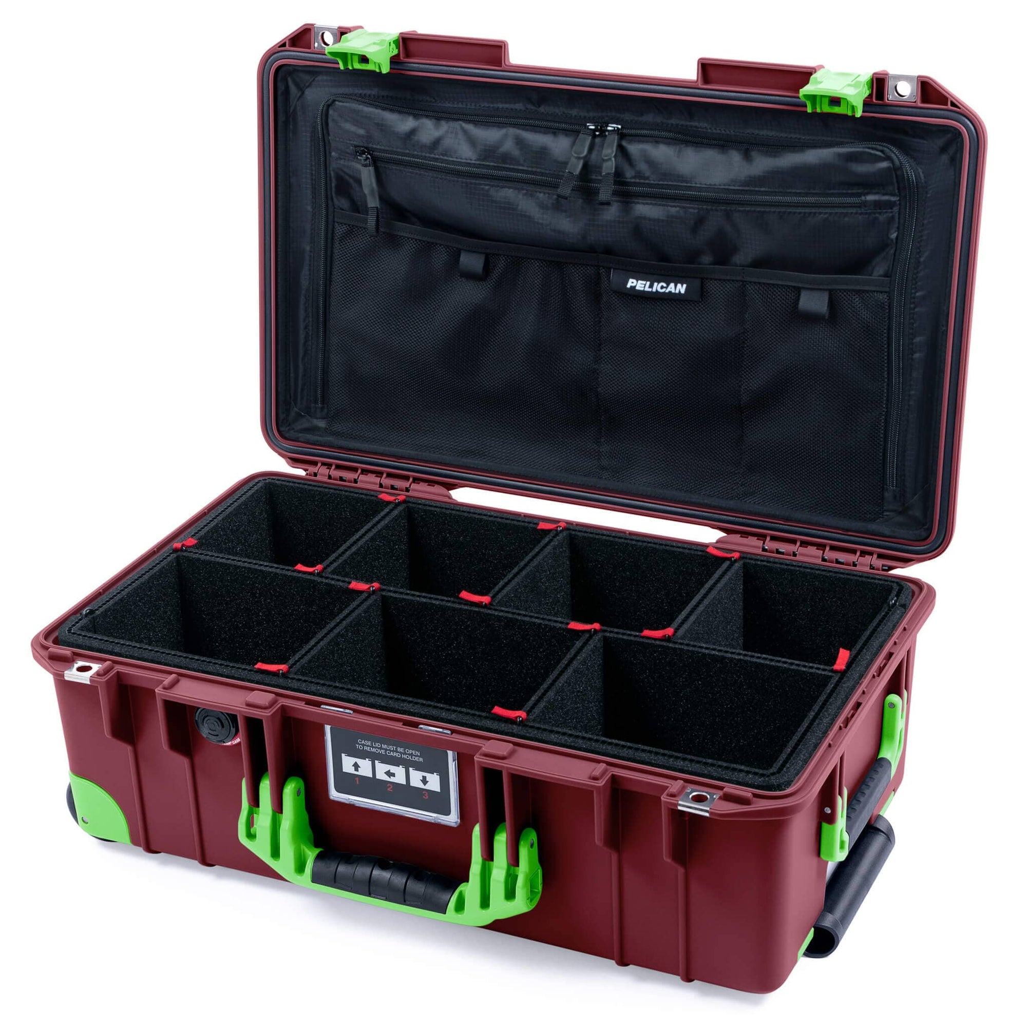 Pelican 1535 Air Case, Oxblood with Lime Green Handles, Latches & Trolley TrekPak Divider System with TRVL Combo-Pouch Lid Organizer ColorCase 015350-0320-510-301-300