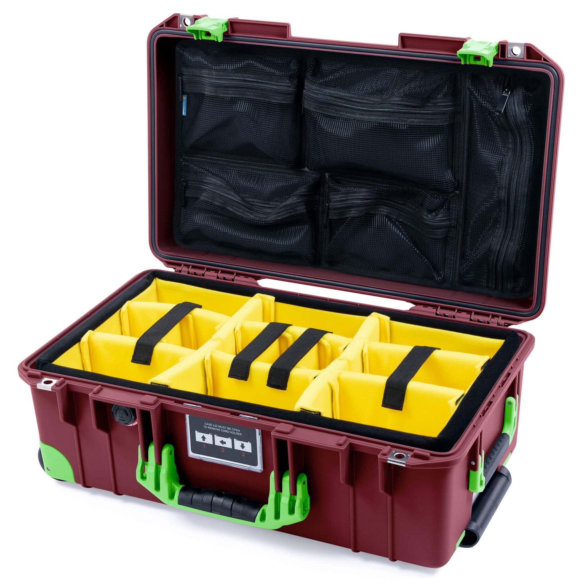 Pelican 1535 Air Case, Oxblood with Lime Green Handles, Latches & Trolley Yellow Padded Microfiber Dividers with Mesh Lid Organizer ColorCase 015350-0110-510-301-300