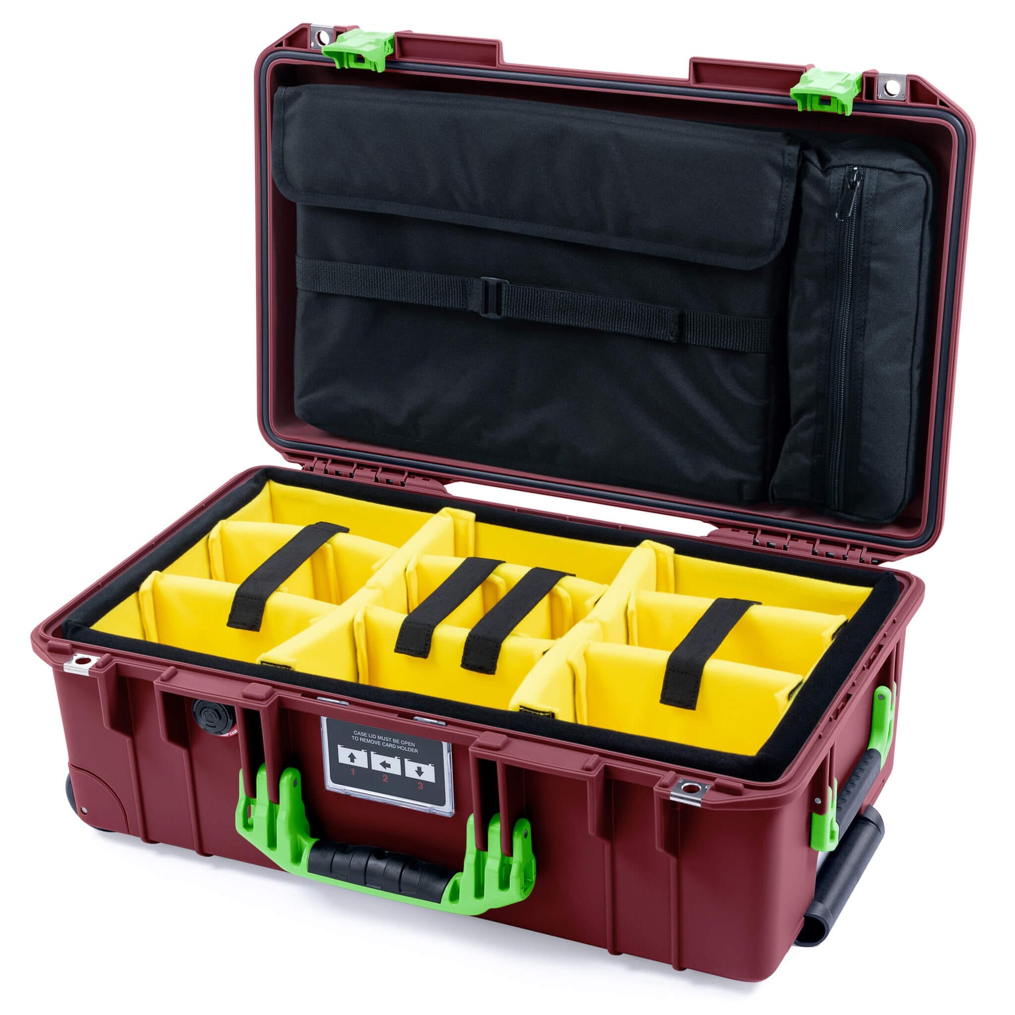 Pelican 1535 Air Case, Oxblood with Lime Green Handles & Latches Yellow Padded Microfiber Dividers with Laptop Computer Lid Pouch ColorCase 015350-0210-510-301