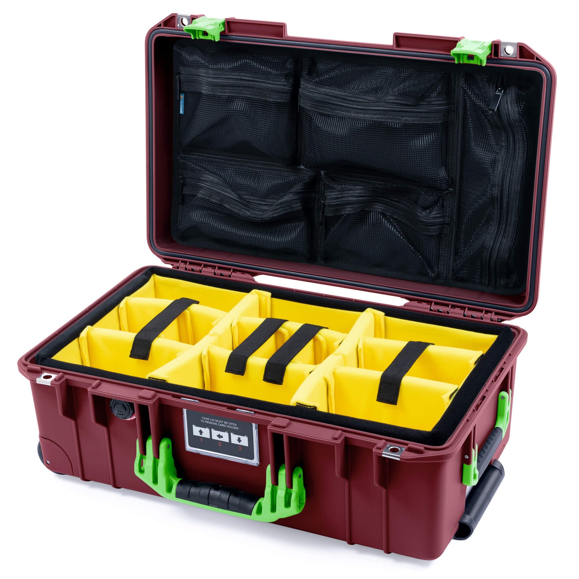 Pelican 1535 Air Case, Oxblood with Lime Green Handles & Latches Yellow Padded Microfiber Dividers with Mesh Lid Organizer ColorCase 015350-0110-510-301