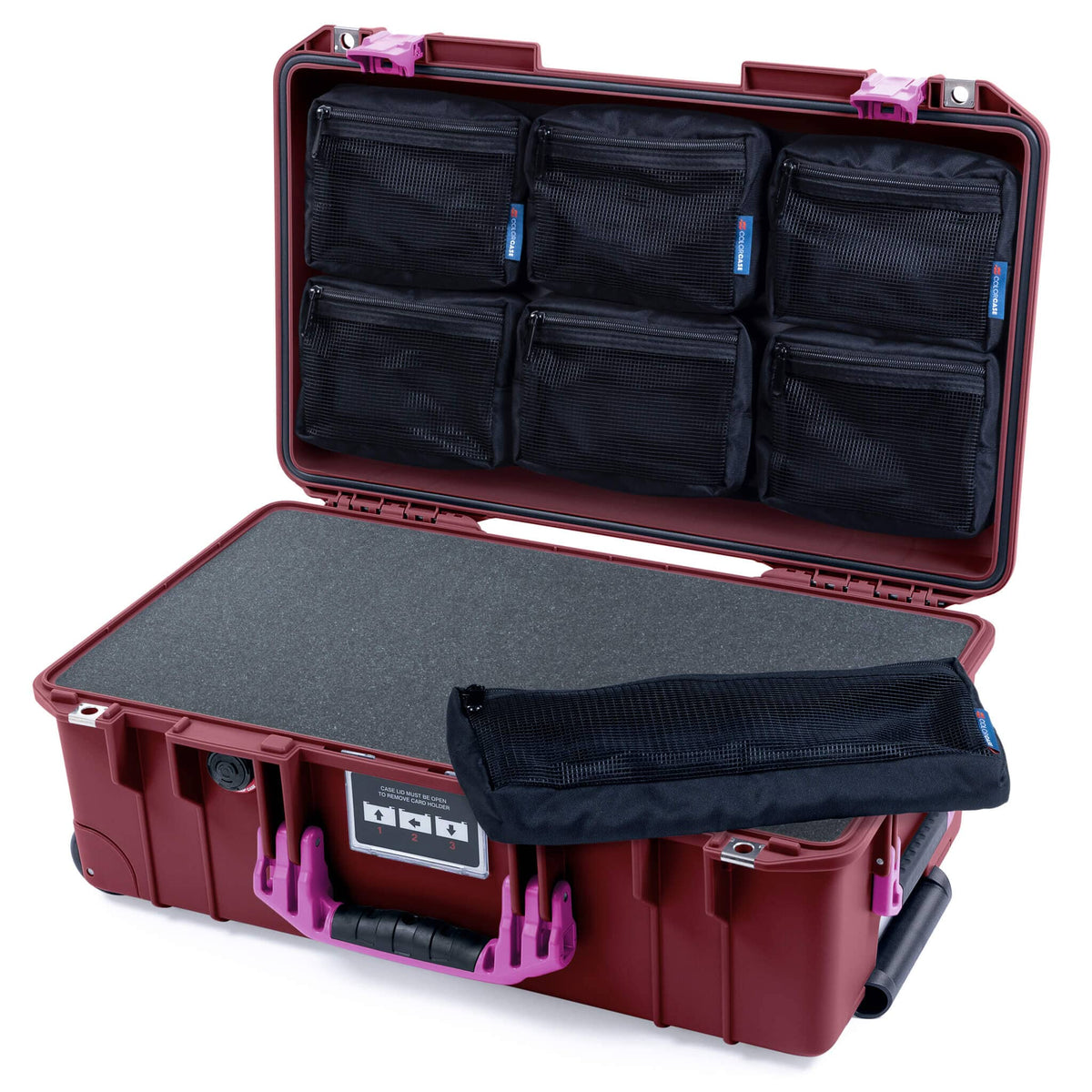 Pelican 1535 Air Case, Oxblood with Magenta Handles &amp; Latches Pick &amp; Pluck Foam with 7-Piece Removable Mesh Pouches ColorCase 015350-0701-510-401