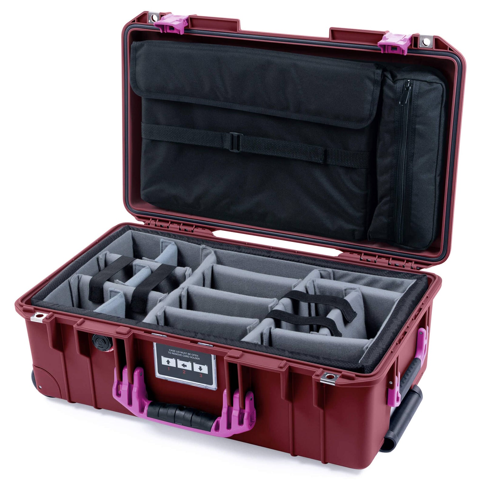 Pelican 1535 Air Case, Oxblood with Magenta Handles & Latches Gray Padded Microfiber Dividers with Laptop Computer Lid Pouch ColorCase 015350-0270-510-401