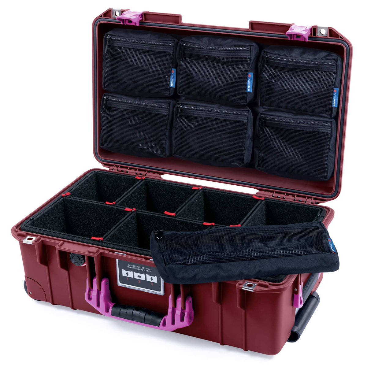 Pelican 1535 Air Case, Oxblood with Magenta Handles &amp; Latches TrekPak Divider System with 7-Piece Removable Mesh Pouches ColorCase 015350-0720-510-401