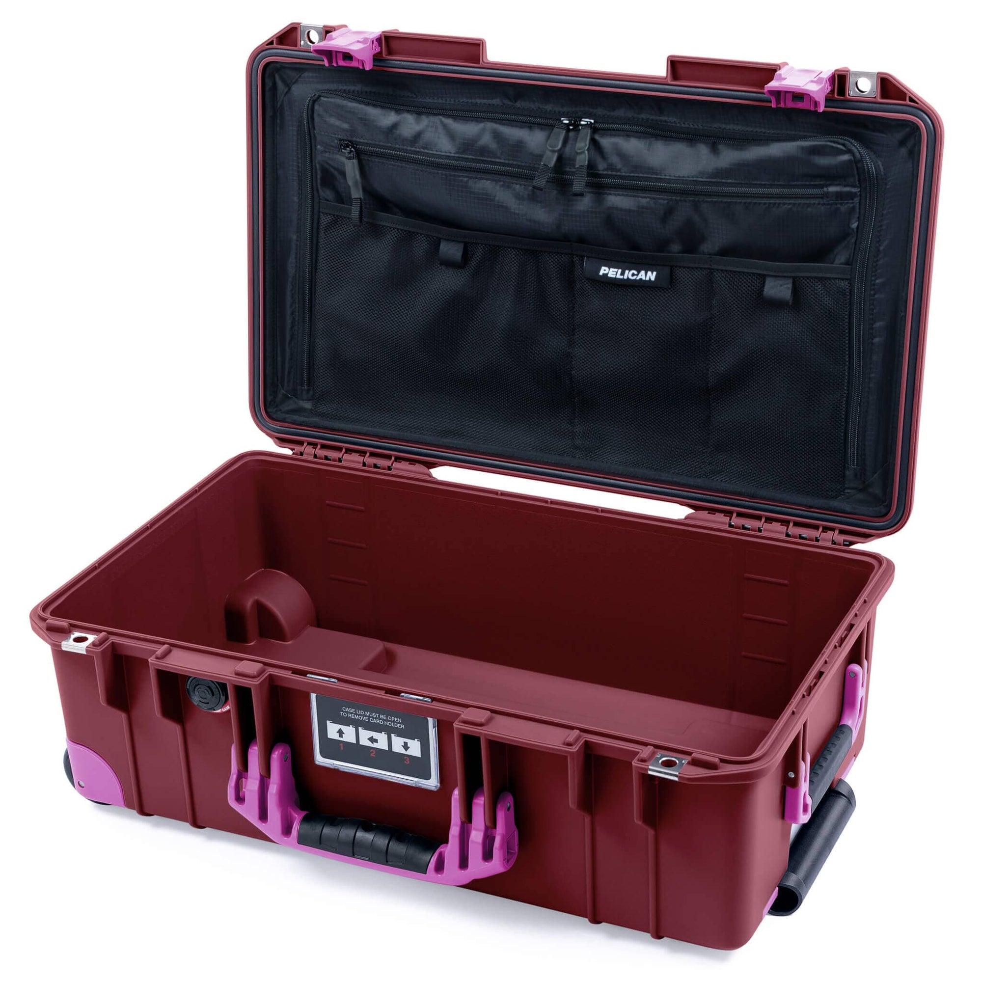 Pelican 1535 Air Case, Oxblood with Magenta Handles, Latches & Trolley TRVL Combo-Pouch Lid Organizer Only ColorCase 015350-0300-510-401-400
