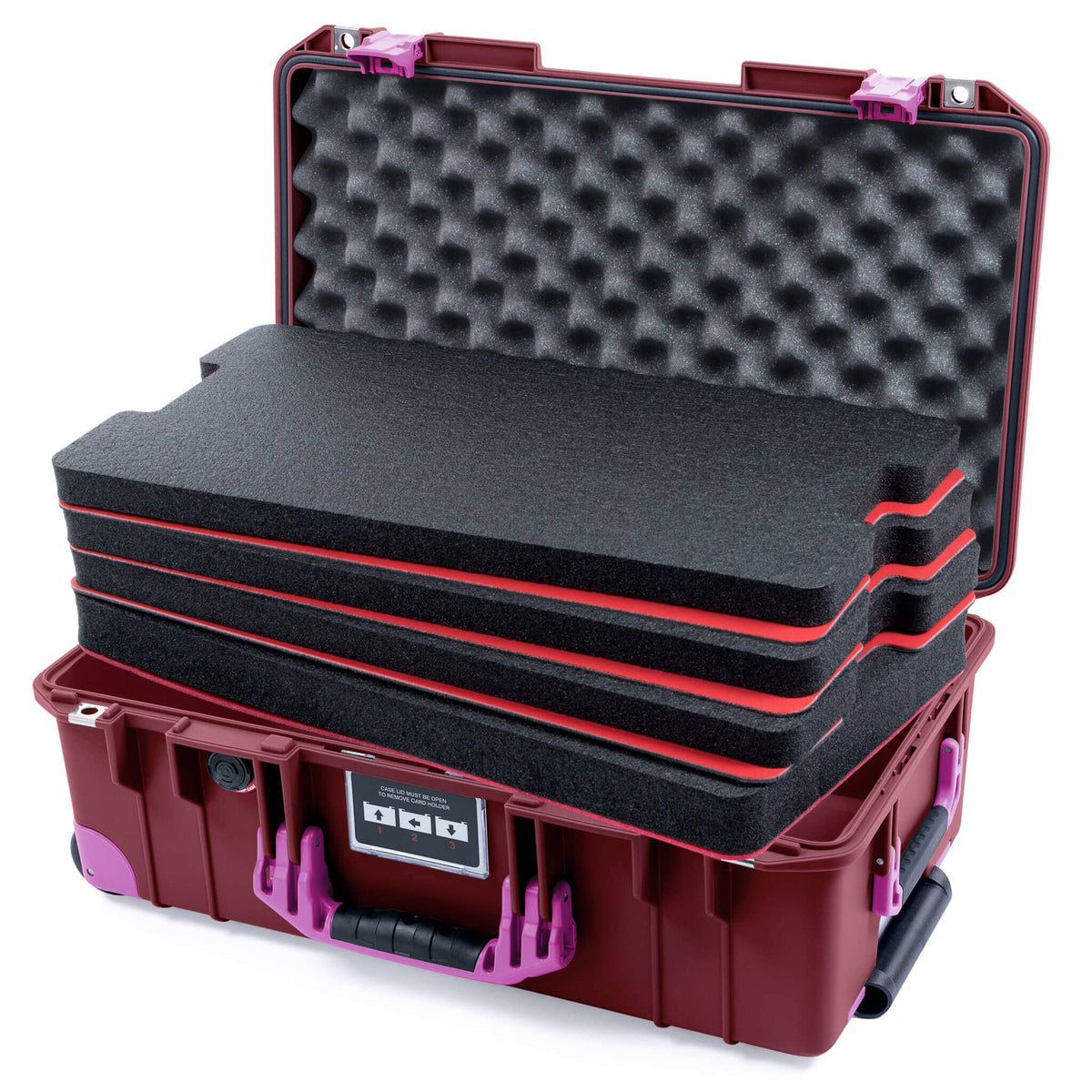 Pelican 1535 Air Case, Oxblood with Magenta Handles, Latches &amp; Trolley Custom Tool Kit (4 Foam Inserts with Convoluted Lid Foam) ColorCase 015350-0060-510-401-400