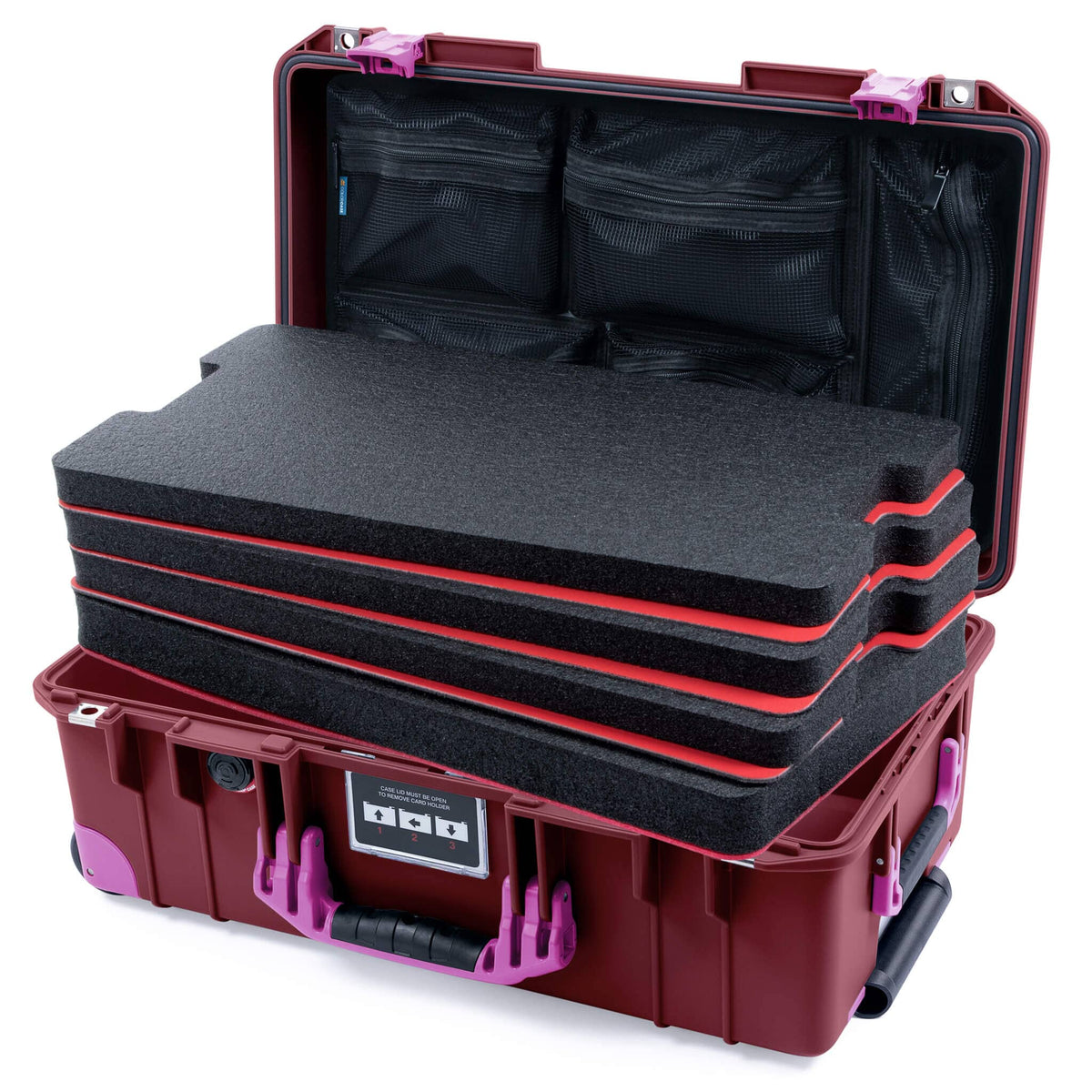 Pelican 1535 Air Case, Oxblood with Magenta Handles, Latches &amp; Trolley Custom Tool Kit (4 Foam Inserts with Mesh Lid Organizers) ColorCase 015350-0160-510-401-400