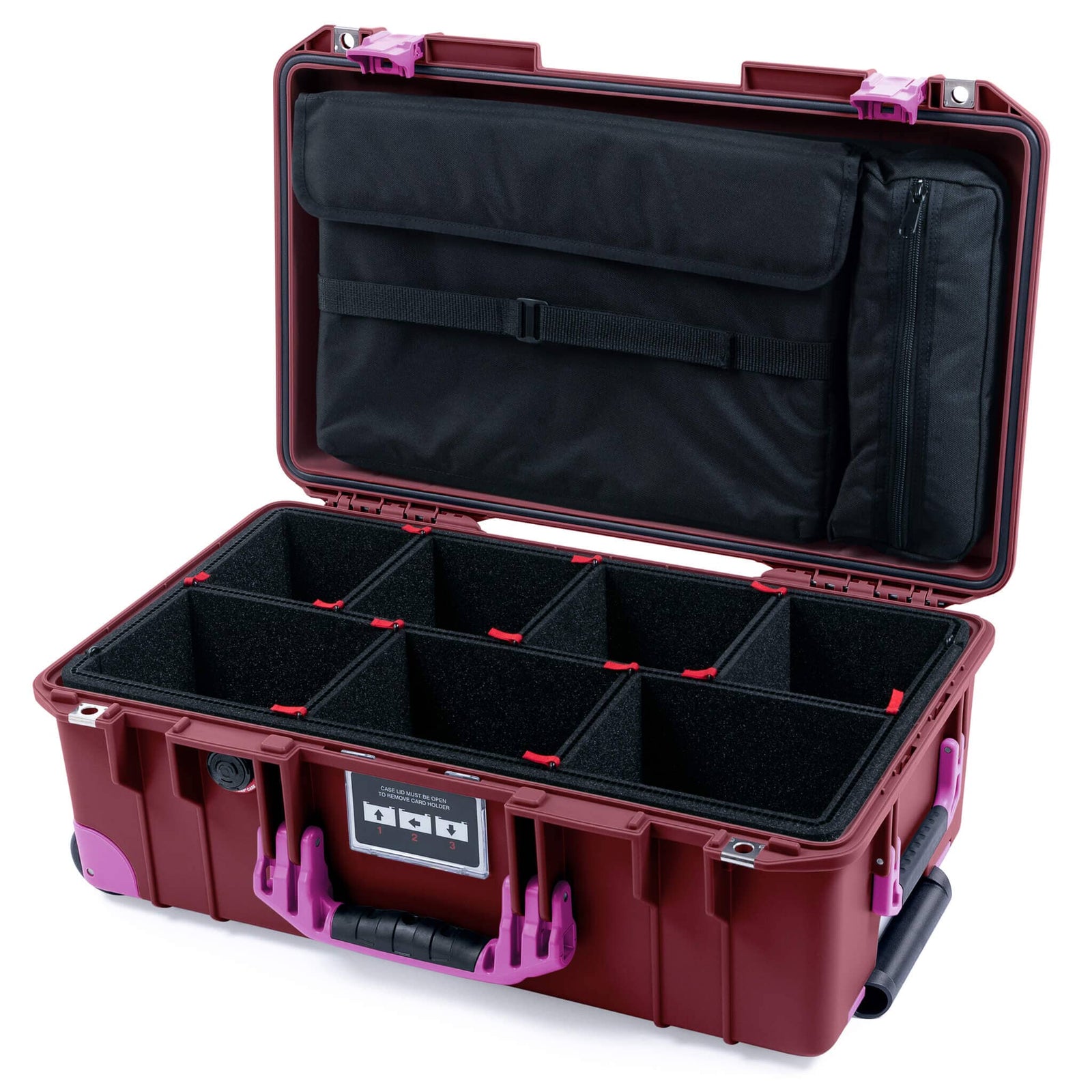 Pelican 1535 Air Case, Oxblood with Magenta Handles, Latches & Trolley TrekPak Divider System with Laptop Computer Lid Pouch ColorCase 015350-0220-510-401-400