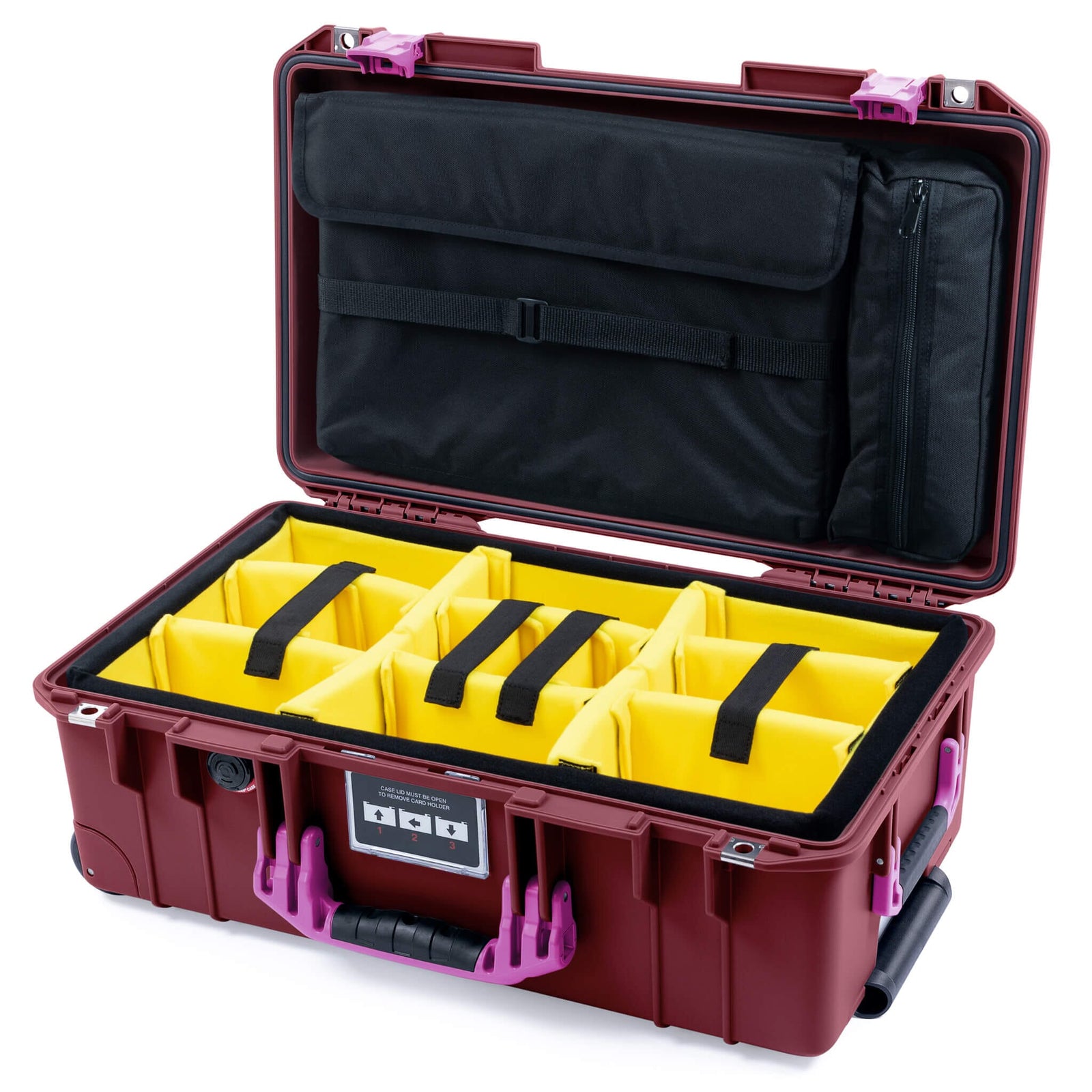 Pelican 1535 Air Case, Oxblood with Magenta Handles & Latches Yellow Padded Microfiber Dividers with Laptop Computer Lid Pouch ColorCase 015350-0210-510-401