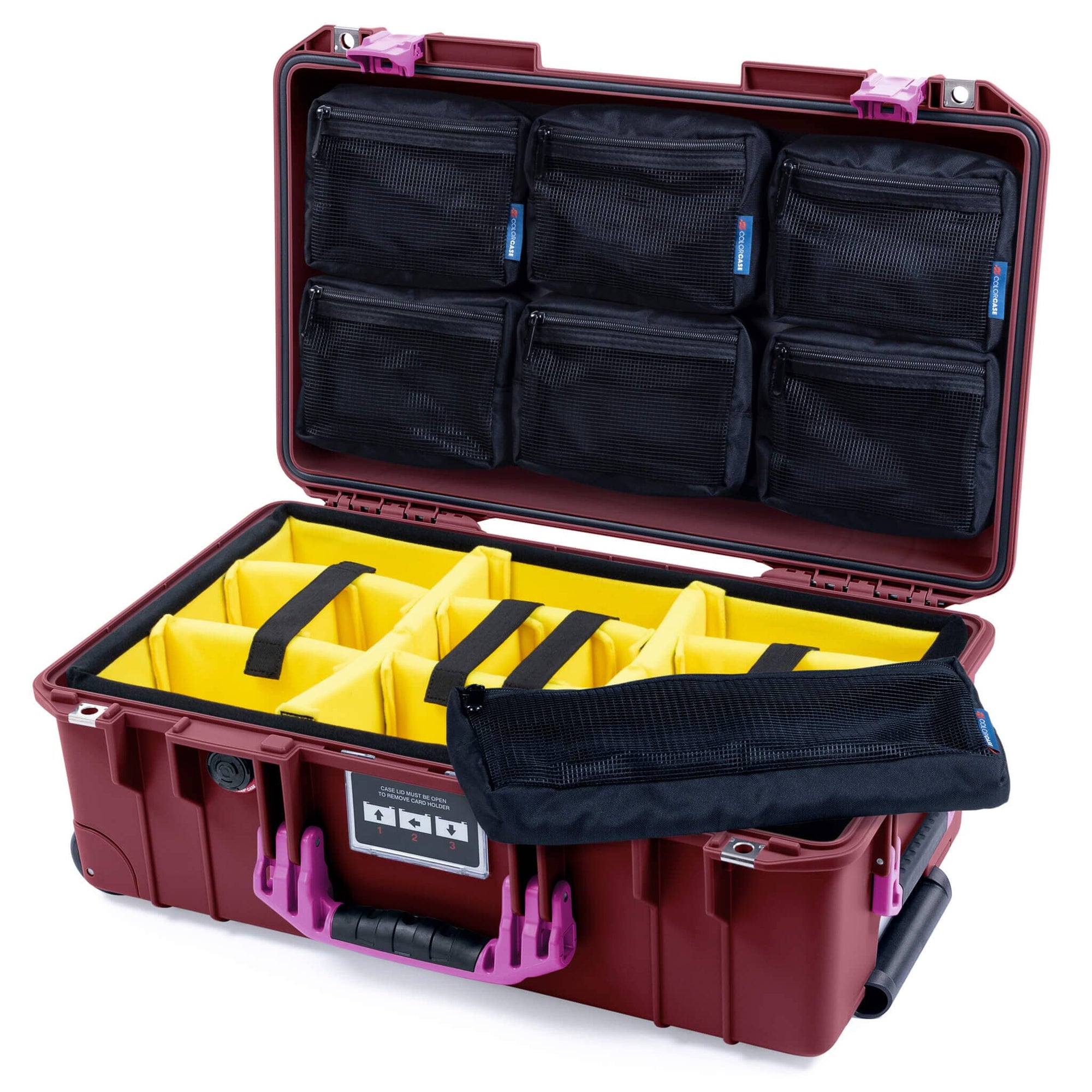 Pelican 1535 Air Case, Oxblood with Magenta Handles & Latches Yellow Padded Microfiber Dividers with 7-Piece Removable Mesh Pouches ColorCase 015350-0710-510-401