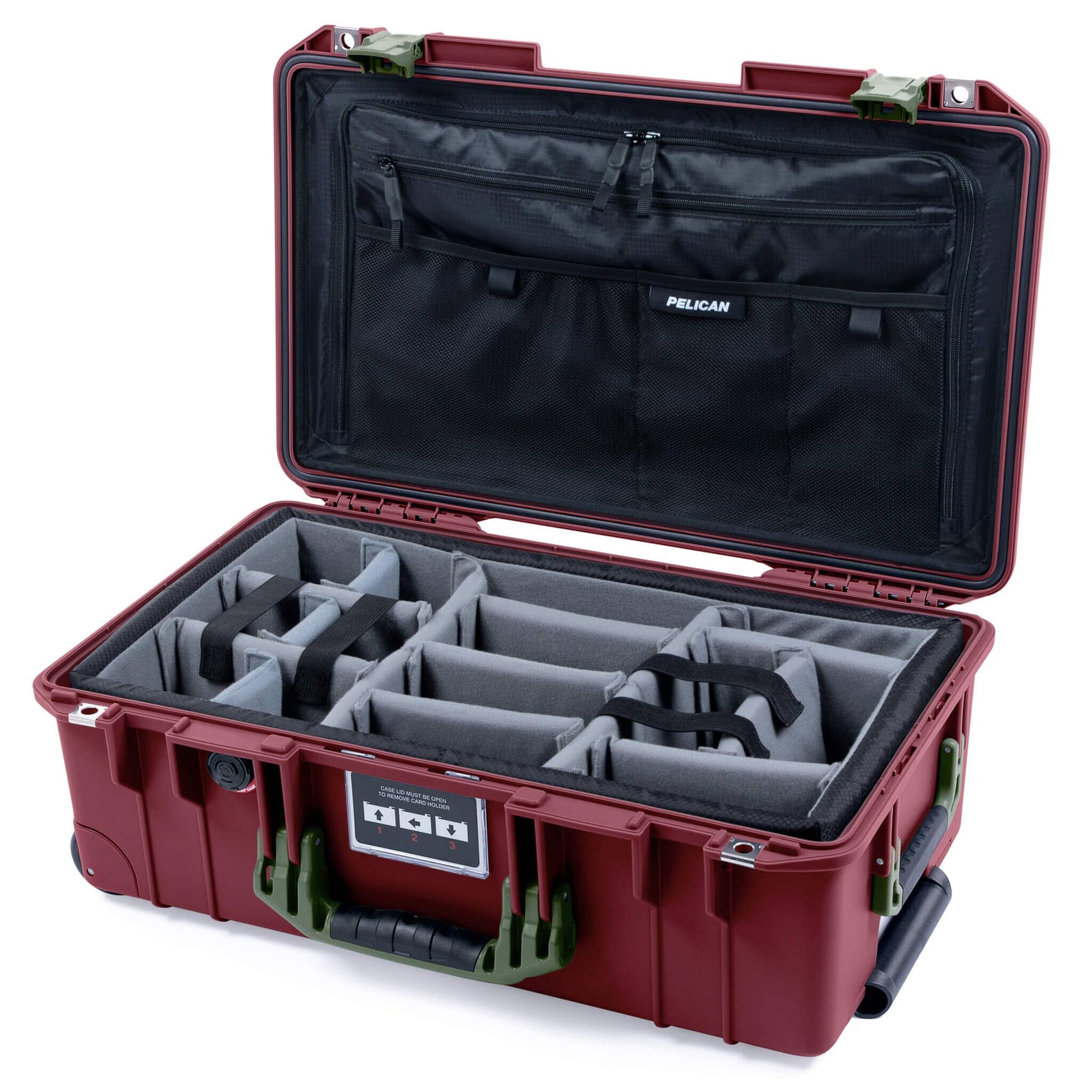 Pelican 1535 Air Case, Oxblood with OD Green Handles & Latches Gray Padded Microfiber Dividers with TRVL Combo-Pouch Lid Organizer ColorCase 015350-0370-510-131