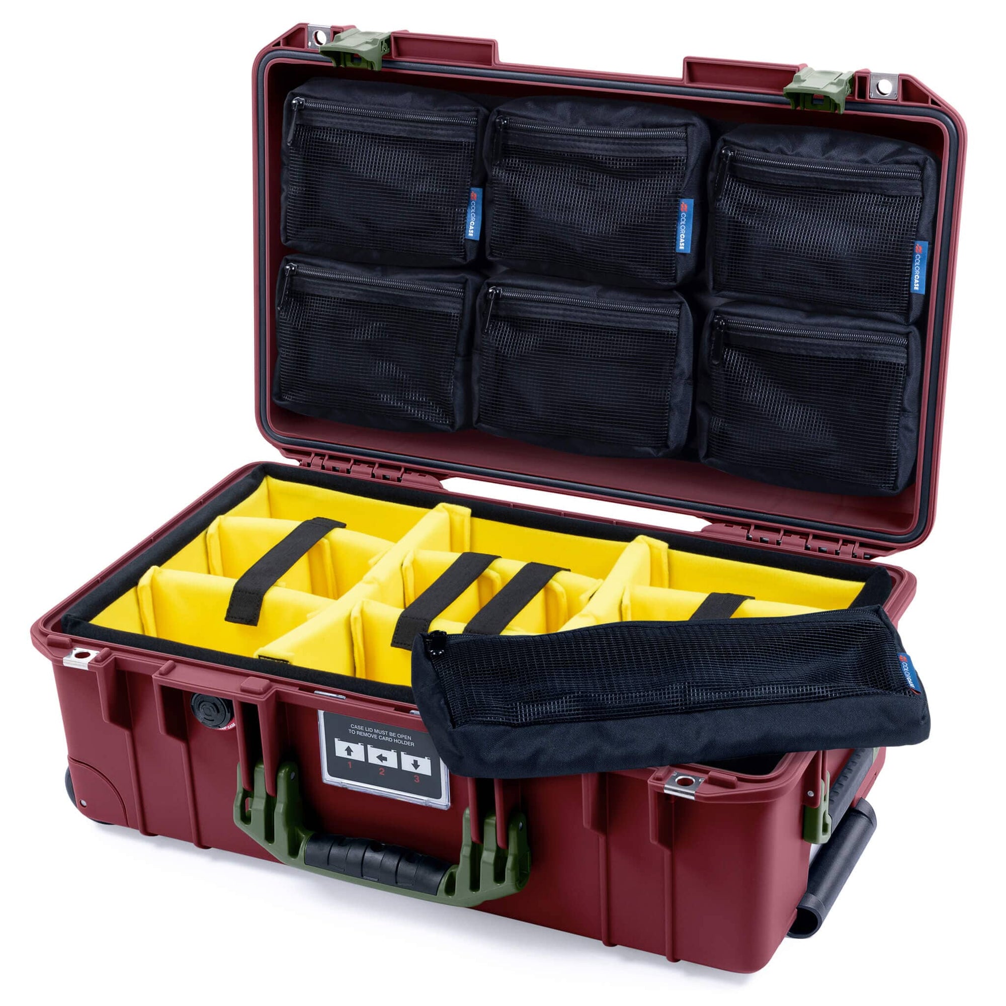Pelican 1535 Air Case, Oxblood with OD Green Handles & Latches Yellow Padded Microfiber Dividers with 7-Piece Removable Mesh Pouches ColorCase 015350-0710-510-131