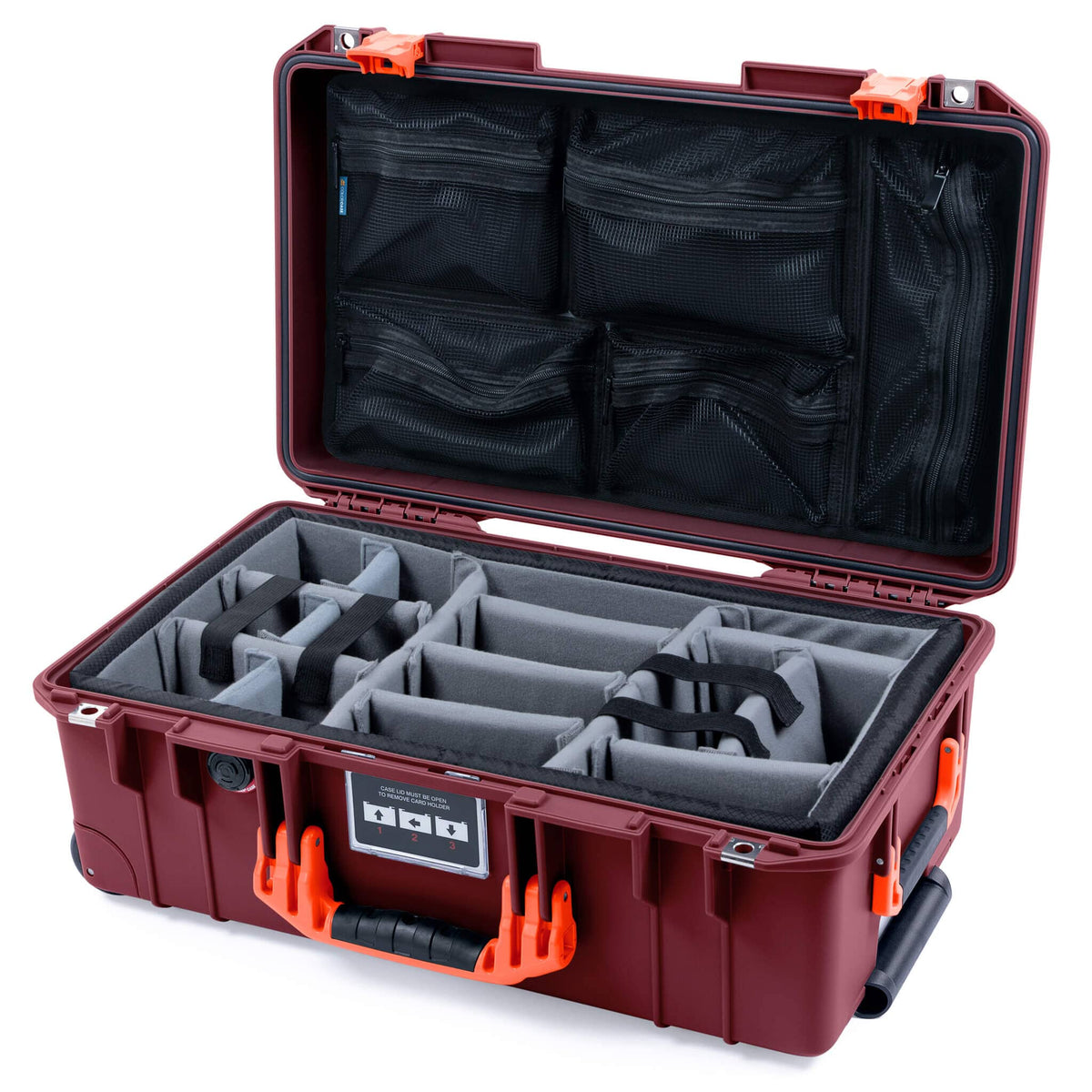 Pelican 1535 Air Case, Oxblood with Orange Handles &amp; Latches Gray Padded Microfiber Dividers with Mesh Lid Organizer ColorCase 015350-0170-510-151
