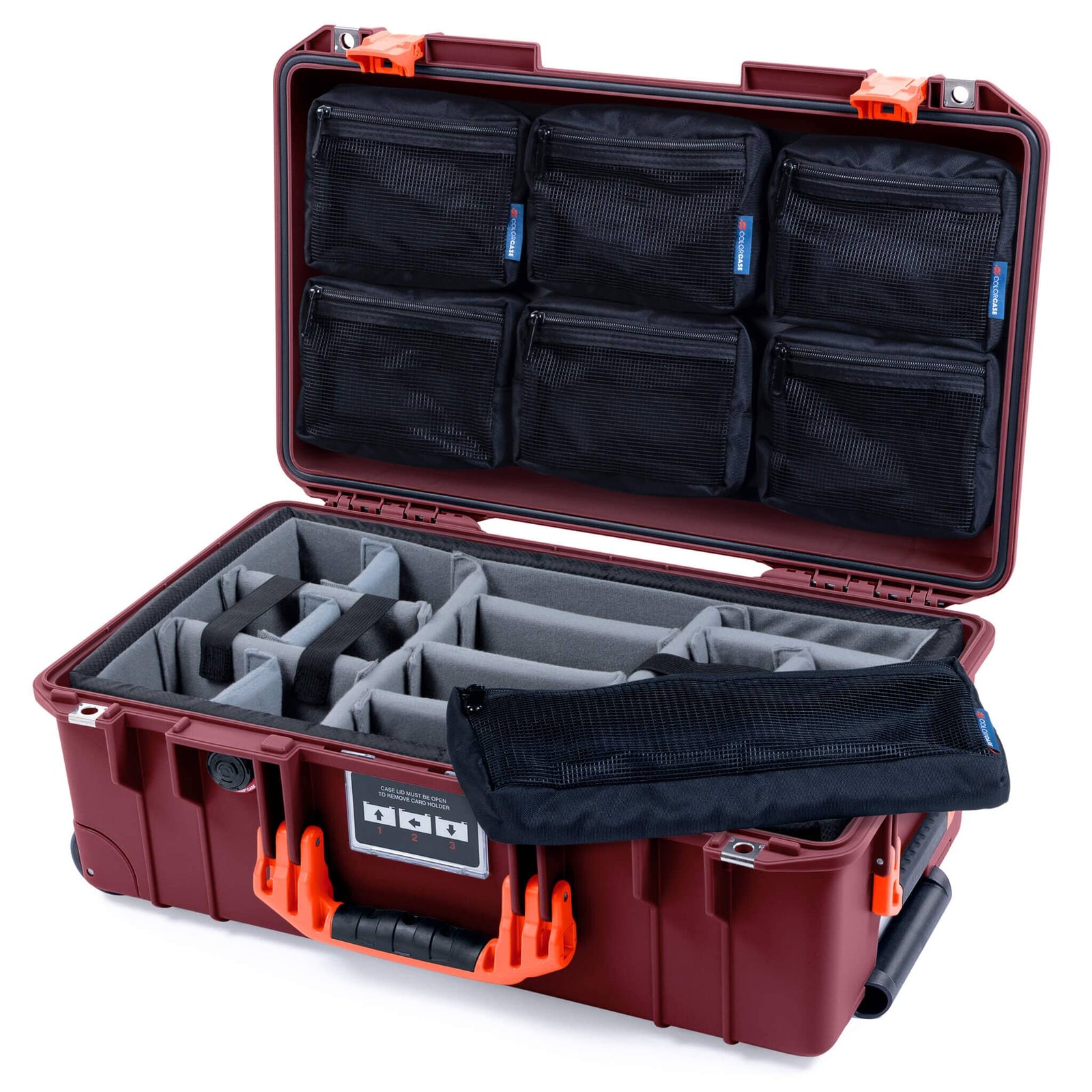 Pelican 1535 Air Case, Oxblood with Orange Handles & Latches Gray Padded Microfiber Dividers with 7-Piece Removable Mesh Pouches ColorCase 015350-0770-510-151