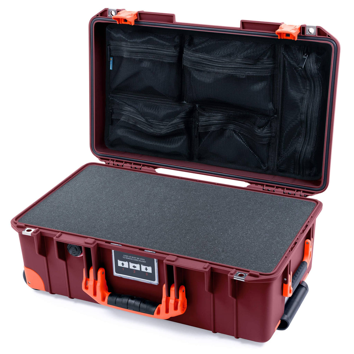 Pelican 1535 Air Case, Oxblood with Orange Handles, Latches &amp; Trolley Pick &amp; Pluck Foam with Mesh Lid Organizer ColorCase 015350-0101-510-151-150