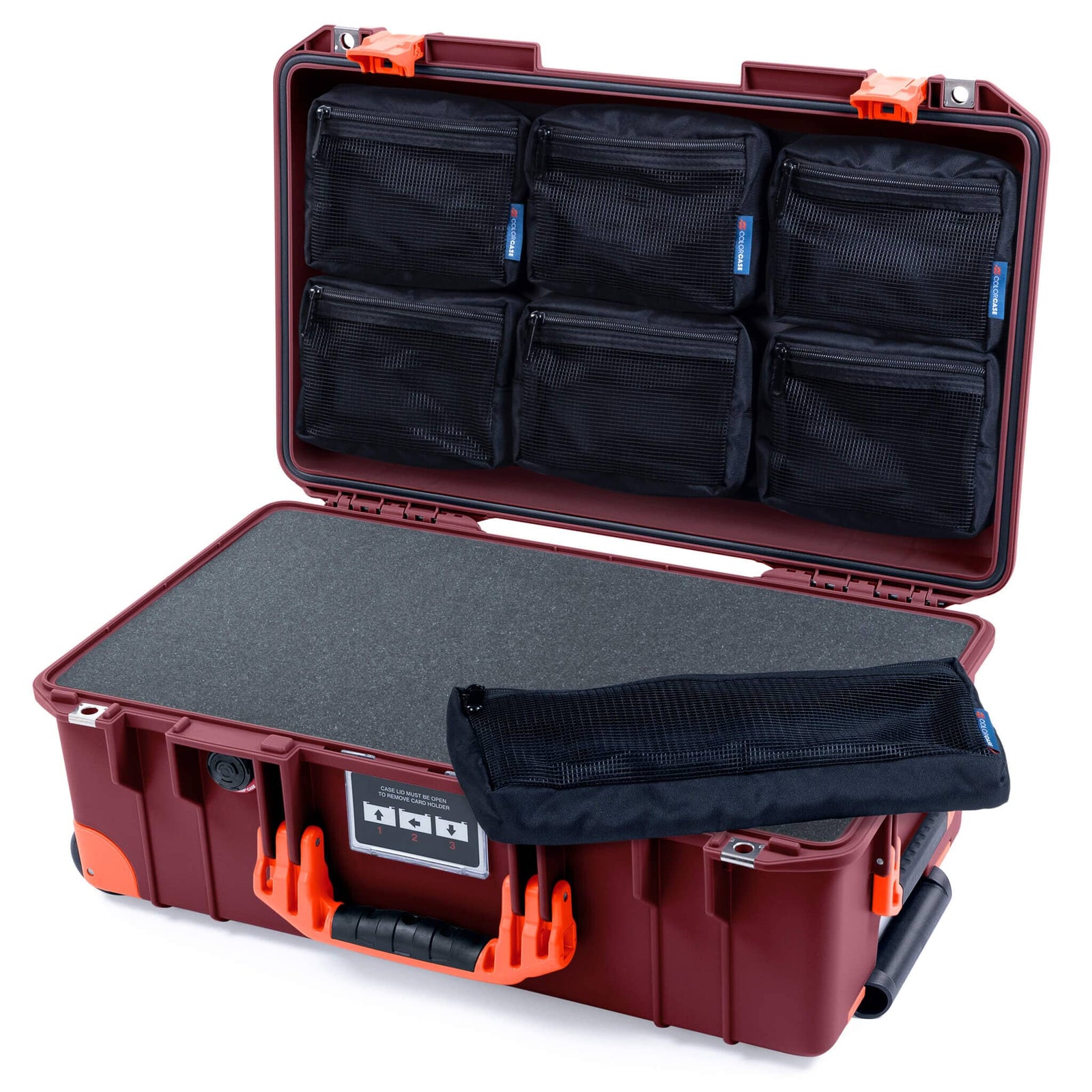 Pelican 1535 Air Case, Oxblood with Orange Handles, Latches & Trolley Pick & Pluck Foam with 7-Piece Removable Mesh Pouches ColorCase 015350-0701-510-151-150