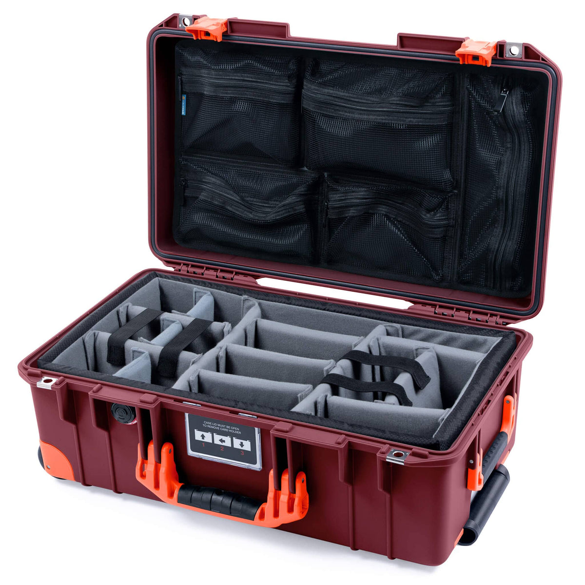Pelican 1535 Air Case, Oxblood with Orange Handles, Latches &amp; Trolley Gray Padded Microfiber Dividers with Mesh Lid Organizer ColorCase 015350-0170-510-151-150