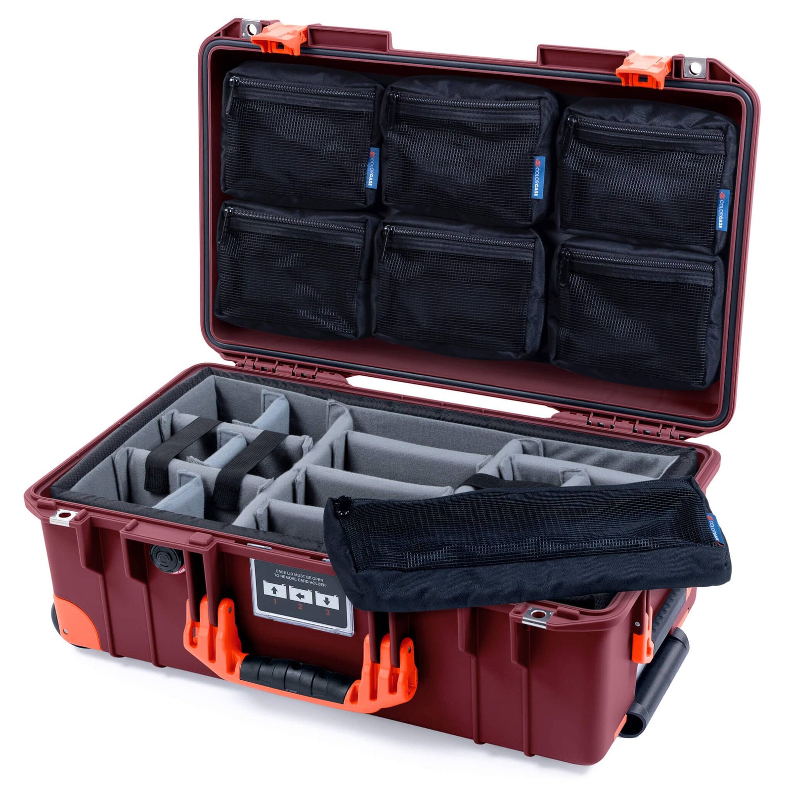 Pelican 1535 Air Case, Oxblood with Orange Handles, Latches & Trolley Gray Padded Microfiber Dividers with 7-Piece Removable Mesh Pouches ColorCase 015350-0770-510-151-150