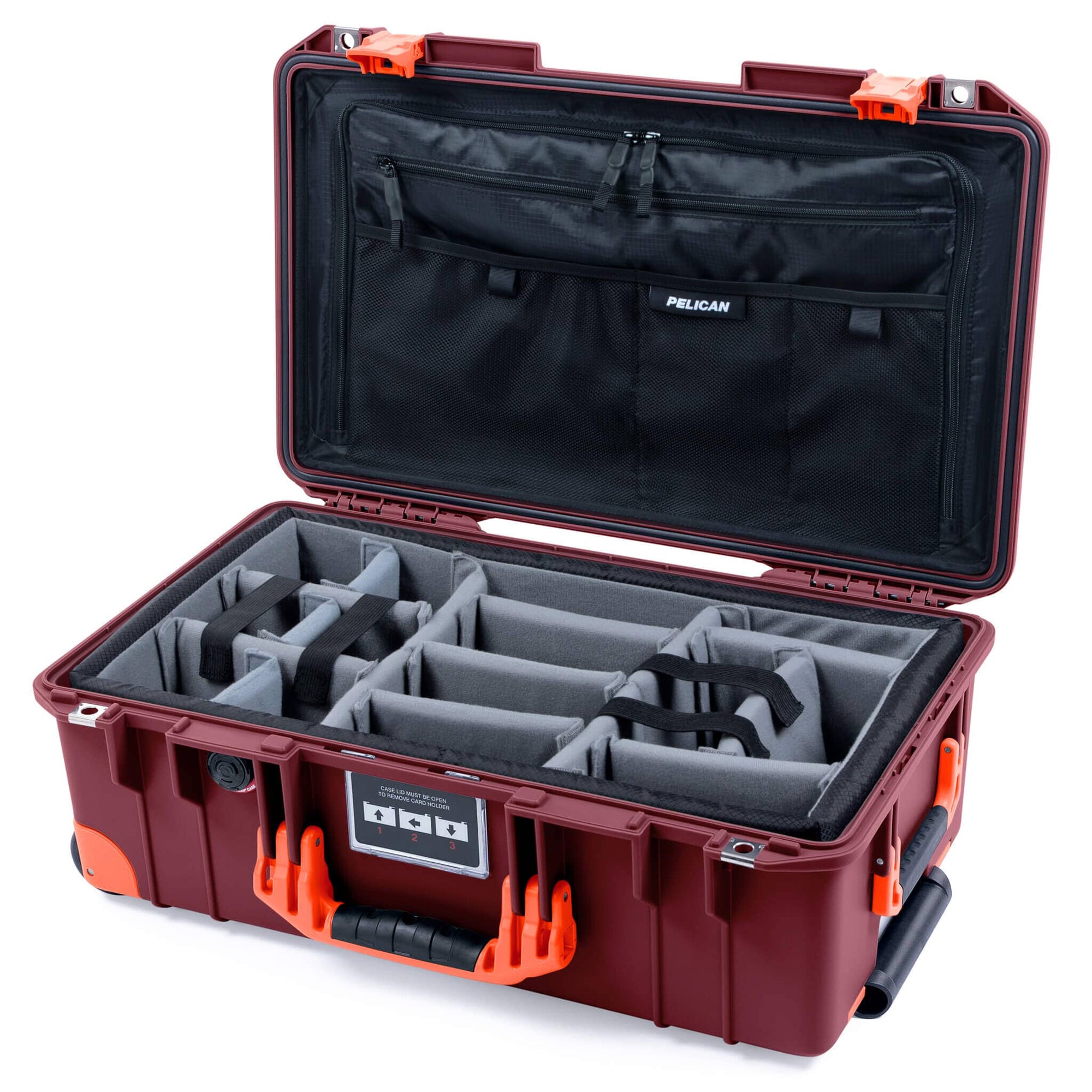 Pelican 1535 Air Case, Oxblood with Orange Handles, Latches & Trolley Gray Padded Microfiber Dividers with TRVL Combo-Pouch Lid Organizer ColorCase 015350-0370-510-151-150