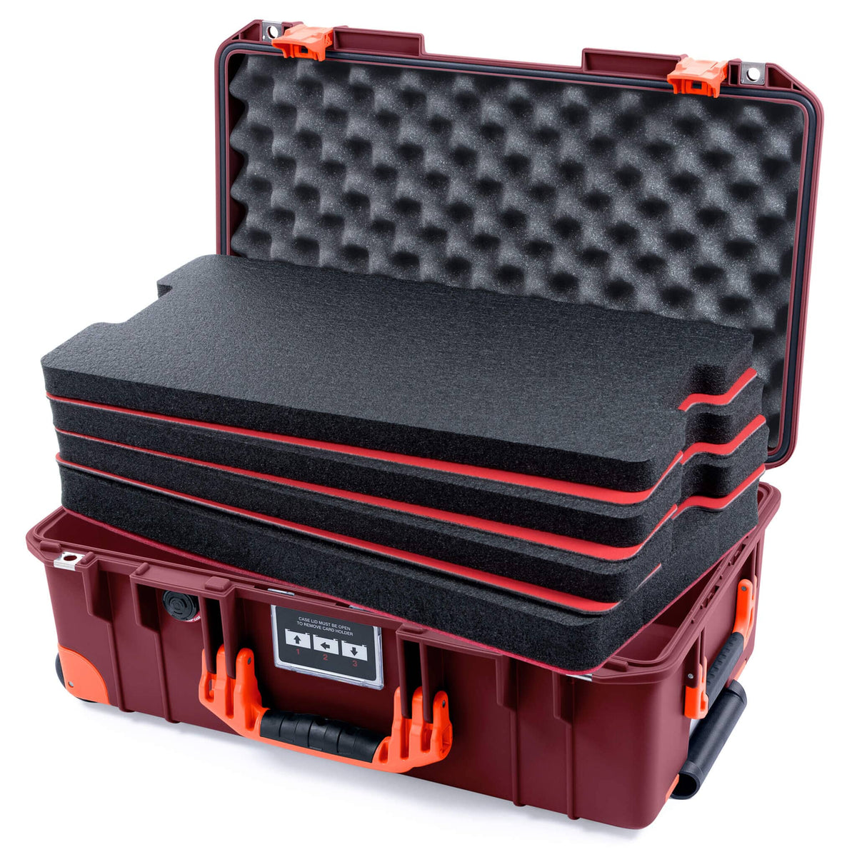 Pelican 1535 Air Case, Oxblood with Orange Handles, Latches &amp; Trolley Custom Tool Kit (4 Foam Inserts with Convoluted Lid Foam) ColorCase 015350-0060-510-151-150