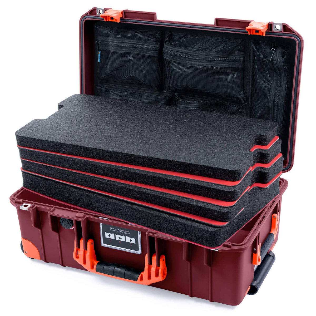 Pelican 1535 Air Case, Oxblood with Orange Handles, Latches &amp; Trolley Custom Tool Kit (4 Foam Inserts with Mesh Lid Organizers) ColorCase 015350-0160-510-151-150