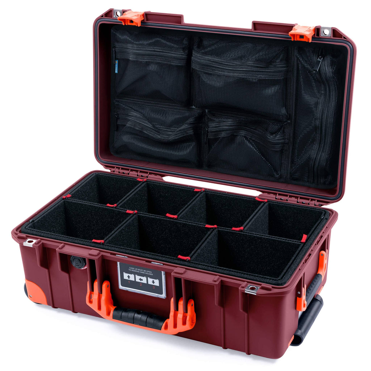 Pelican 1535 Air Case, Oxblood with Orange Handles, Latches &amp; Trolley TrekPak Divider System with Mesh Lid Organizer ColorCase 015350-0120-510-151-150