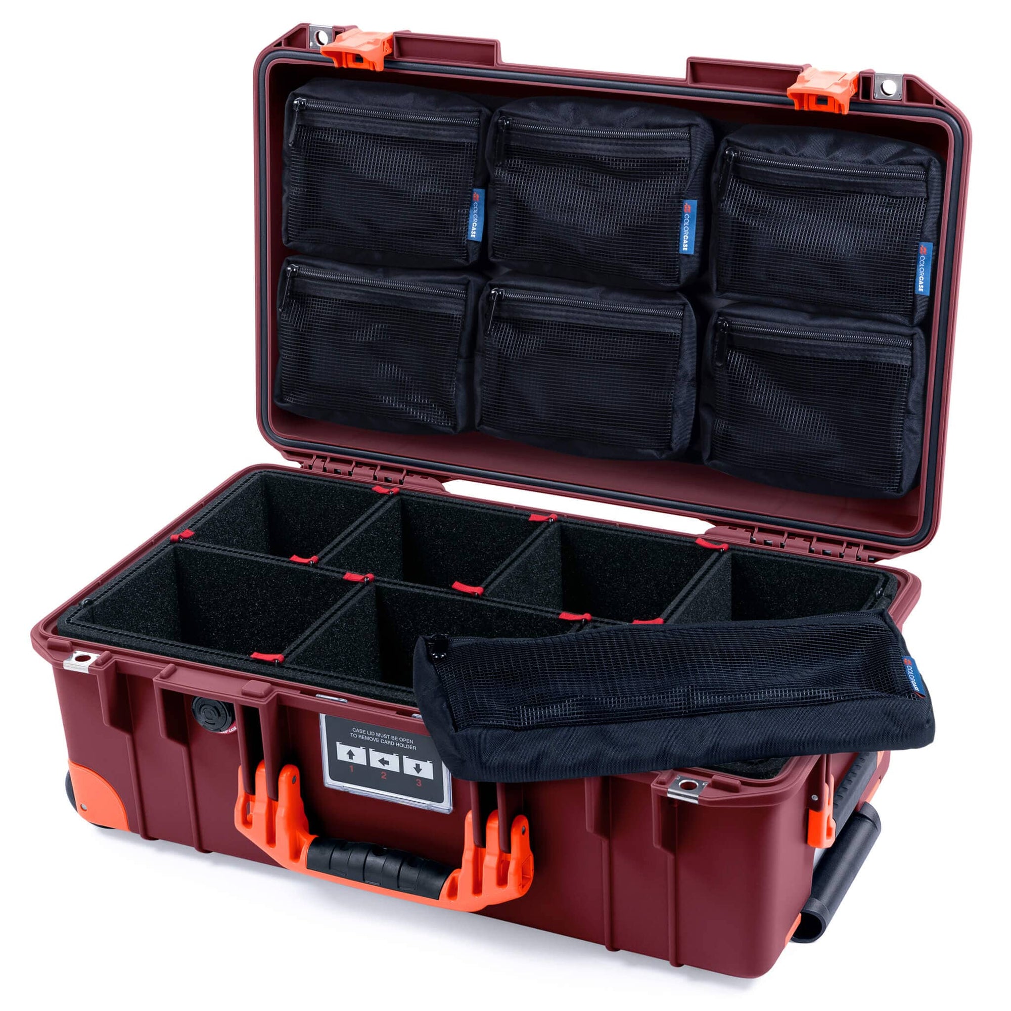 Pelican 1535 Air Case, Oxblood with Orange Handles, Latches & Trolley TrekPak Divider System with 7-Piece Removable Mesh Pouches ColorCase 015350-0720-510-151-150