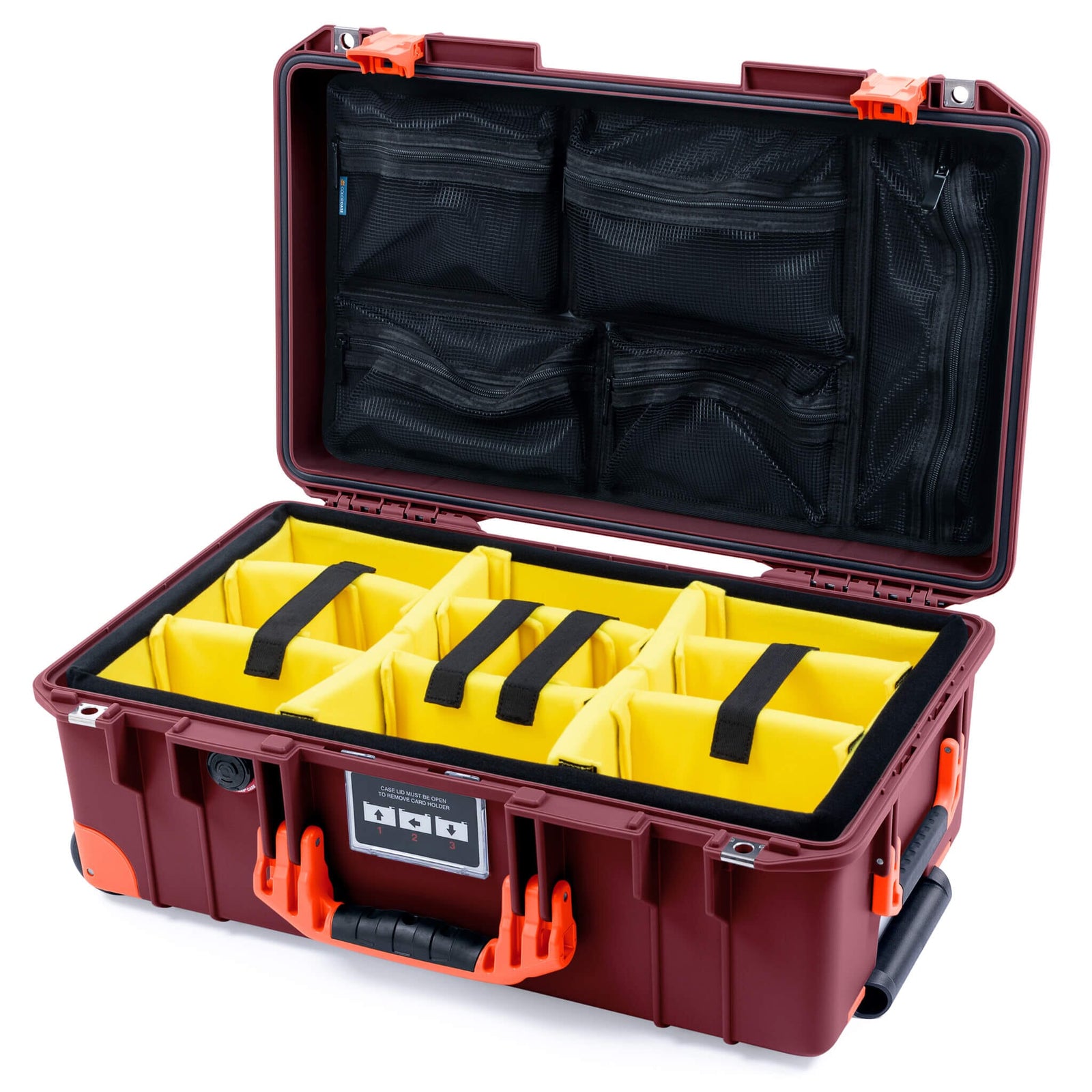 Pelican 1535 Air Case, Oxblood with Orange Handles, Latches & Trolley Yellow Padded Microfiber Dividers with Mesh Lid Organizer ColorCase 015350-0110-510-151-150