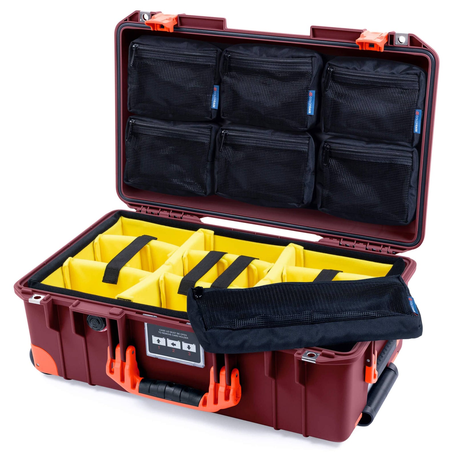 Pelican 1535 Air Case, Oxblood with Orange Handles, Latches & Trolley Yellow Padded Microfiber Dividers with 7-Piece Removable Mesh Pouches ColorCase 015350-0710-510-151-150
