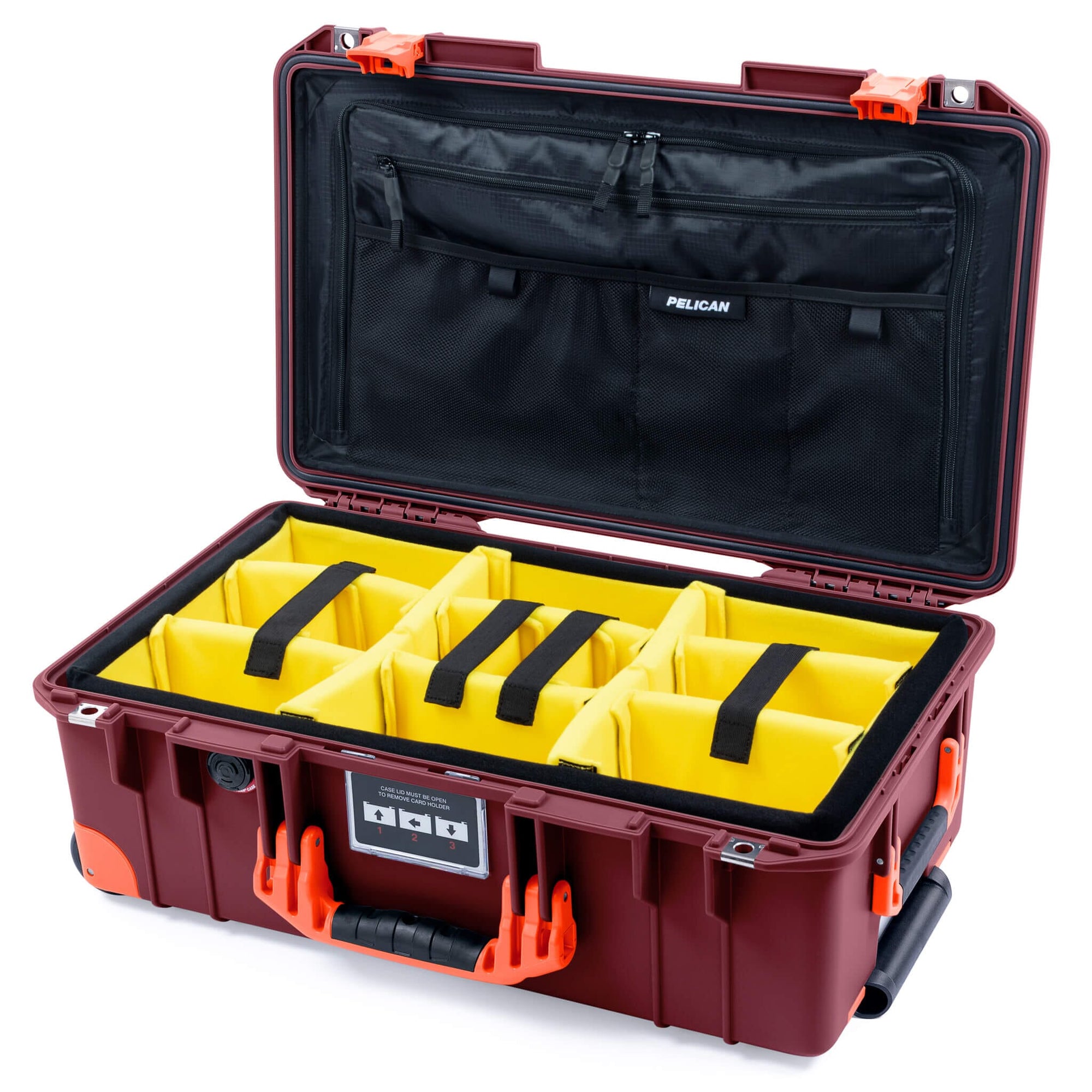 Pelican 1535 Air Case, Oxblood with Orange Handles, Latches & Trolley Yellow Padded Microfiber Dividers with TRVL Combo-Pouch Lid Organizer ColorCase 015350-0310-510-151-150