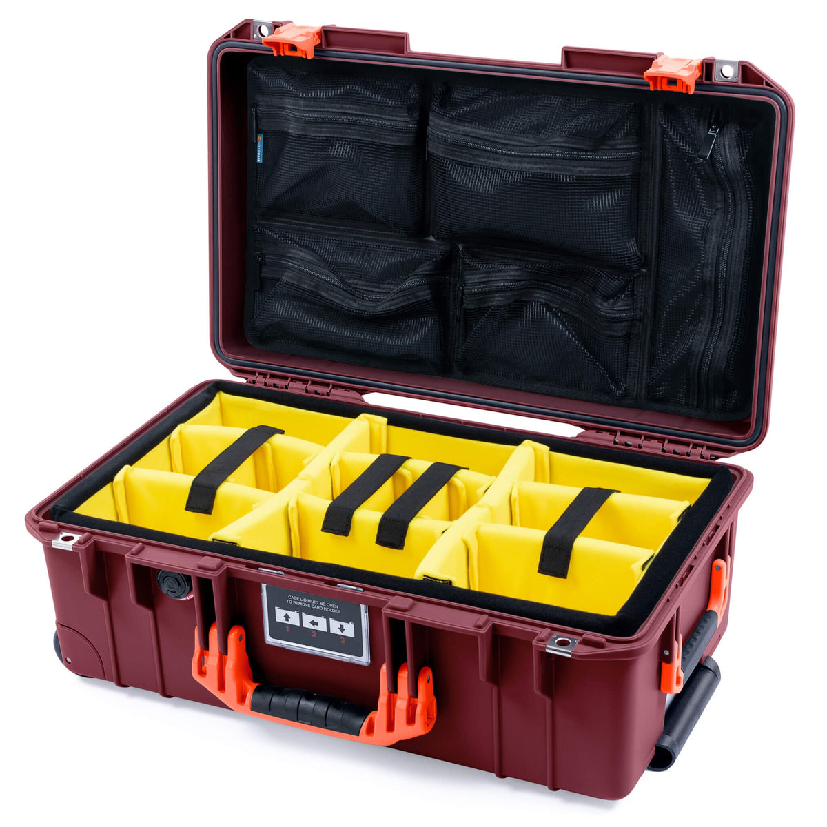 Pelican 1535 Air Case, Oxblood with Orange Handles &amp; Latches Yellow Padded Microfiber Dividers with Mesh Lid Organizer ColorCase 015350-0110-510-151