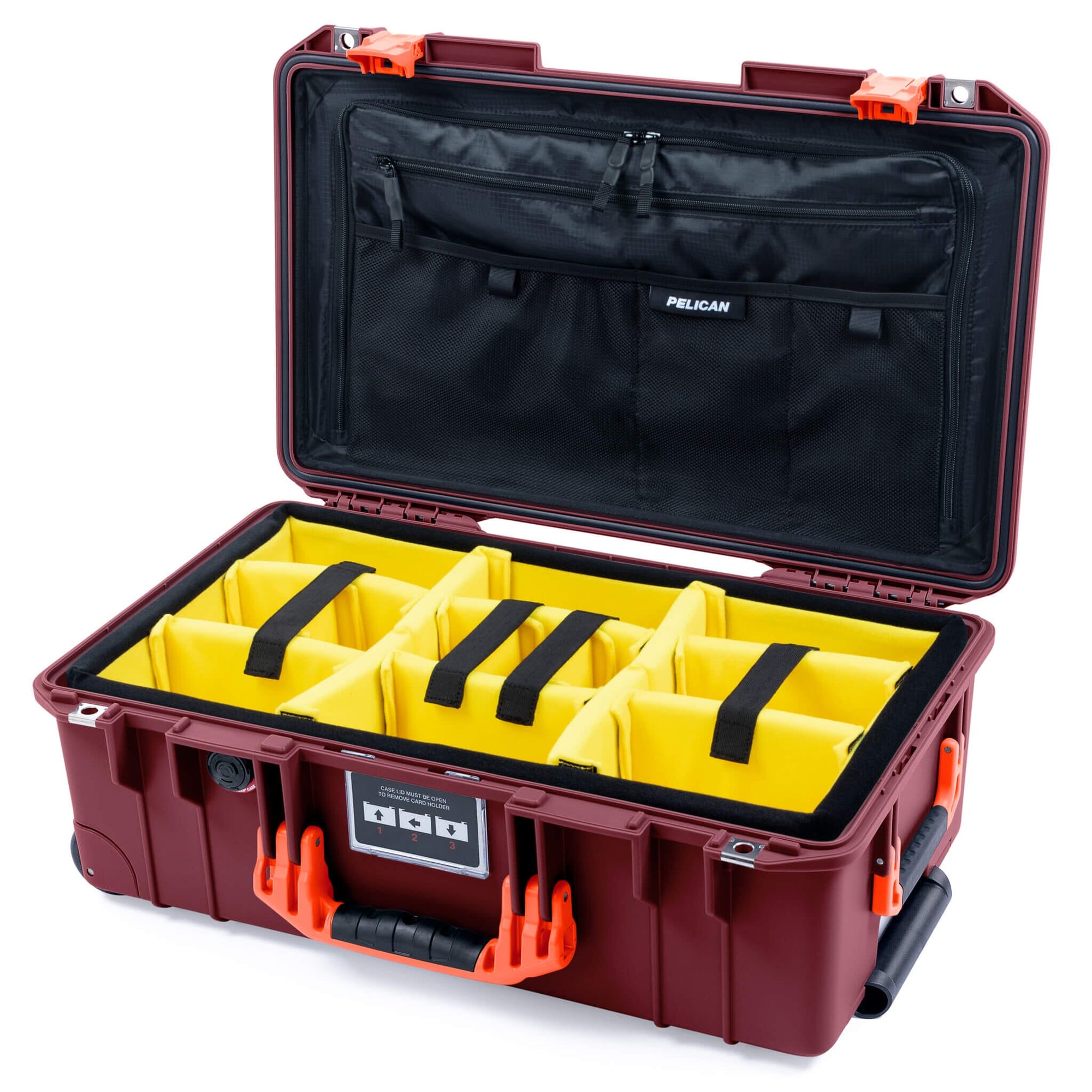 Pelican 1535 Air Case, Oxblood with Orange Handles & Latches Yellow Padded Microfiber Dividers with TRVL Combo-Pouch Lid Organizer ColorCase 015350-0310-510-151