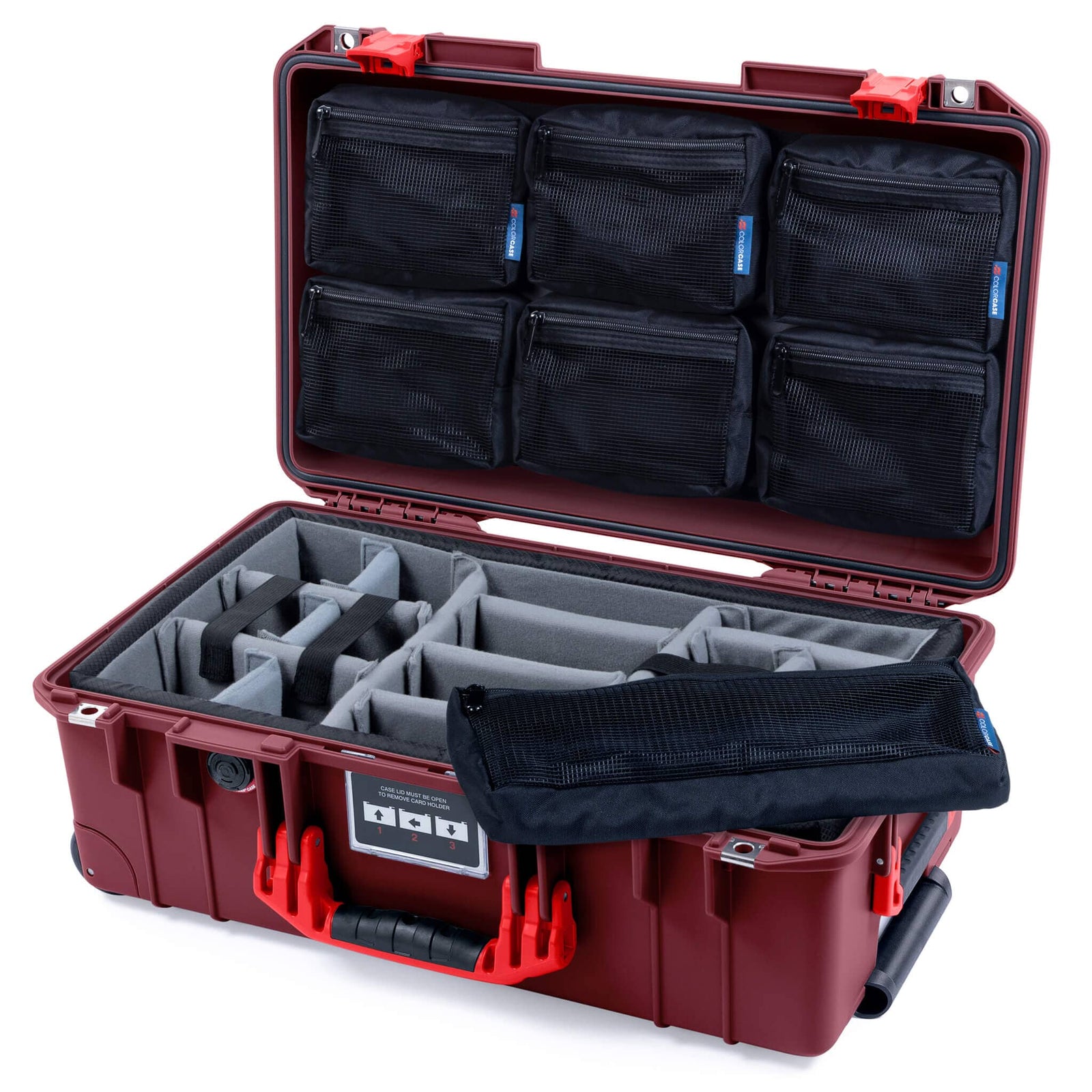 Pelican 1535 Air Case, Oxblood with Red Handles & Latches Gray Padded Microfiber Dividers with 7-Piece Removable Mesh Pouches ColorCase 015350-0770-510-321