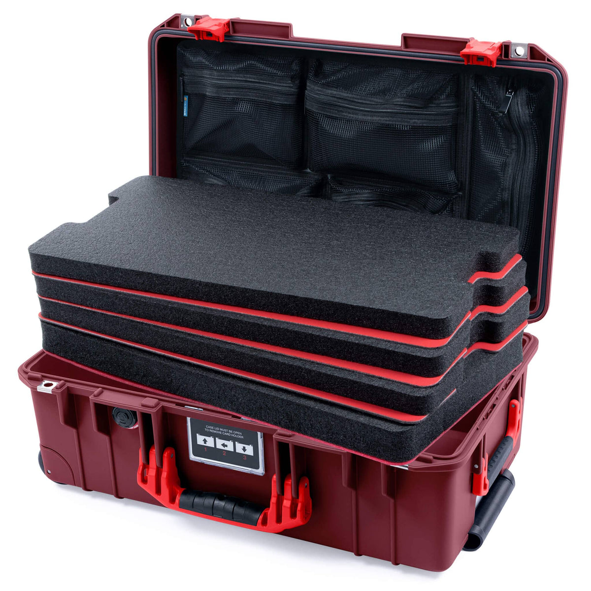 Pelican 1535 Air Case, Oxblood with Red Handles &amp; Latches Custom Tool Kit (4 Foam Inserts with Mesh Lid Organizers) ColorCase 015350-0160-510-321