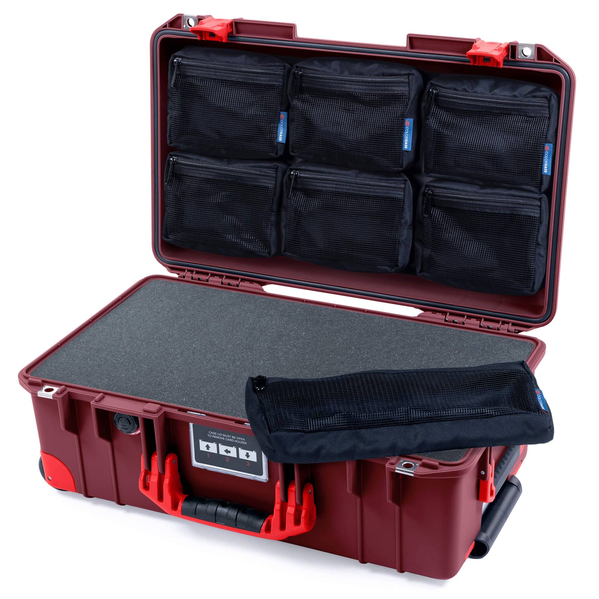 Pelican 1535 Air Case, Oxblood with Red Handles, Latches & Trolley Pick & Pluck Foam with 7-Piece Removable Mesh Pouches ColorCase 015350-0701-510-321-320