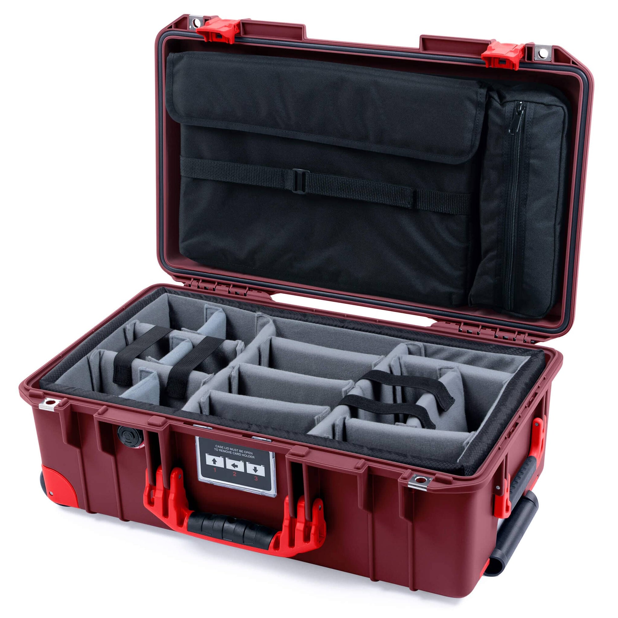 Pelican 1535 Air Case, Oxblood with Red Handles, Latches & Trolley Gray Padded Microfiber Dividers with Laptop Computer Lid Pouch ColorCase 015350-0270-510-321-320