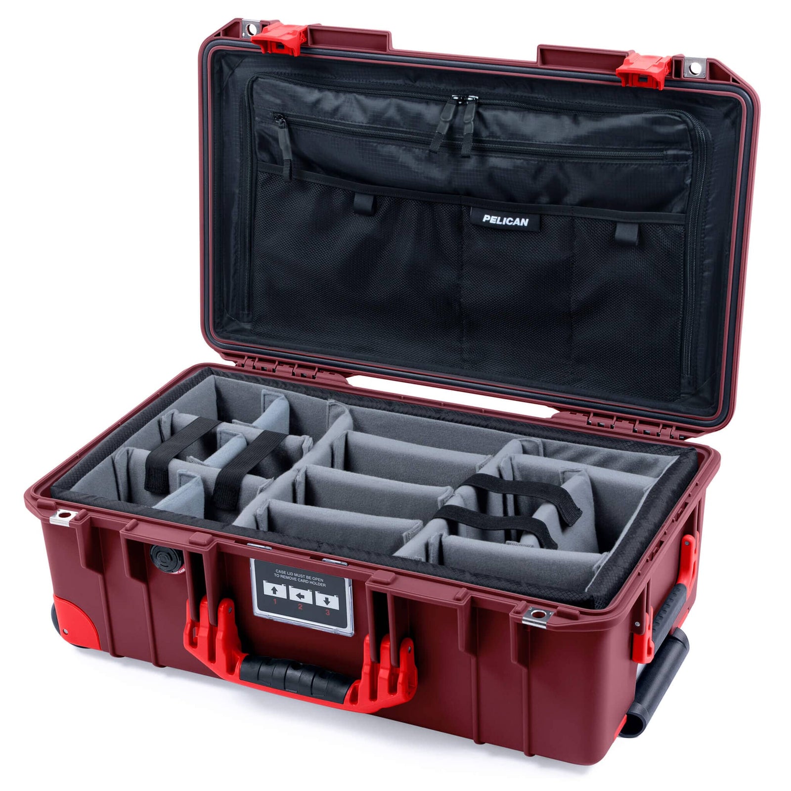 Pelican 1535 Air Case, Oxblood with Red Handles, Latches & Trolley Gray Padded Microfiber Dividers with TRVL Combo-Pouch Lid Organizer ColorCase 015350-0370-510-321-320